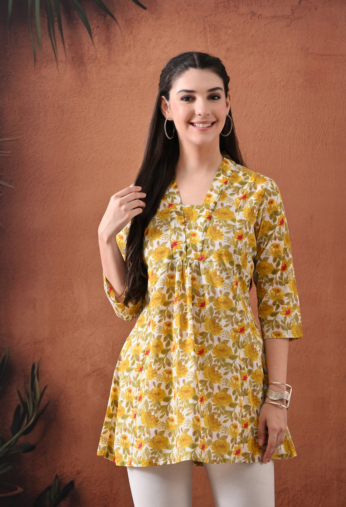 Floral Printed V-Neck Pure Cotton Kurti