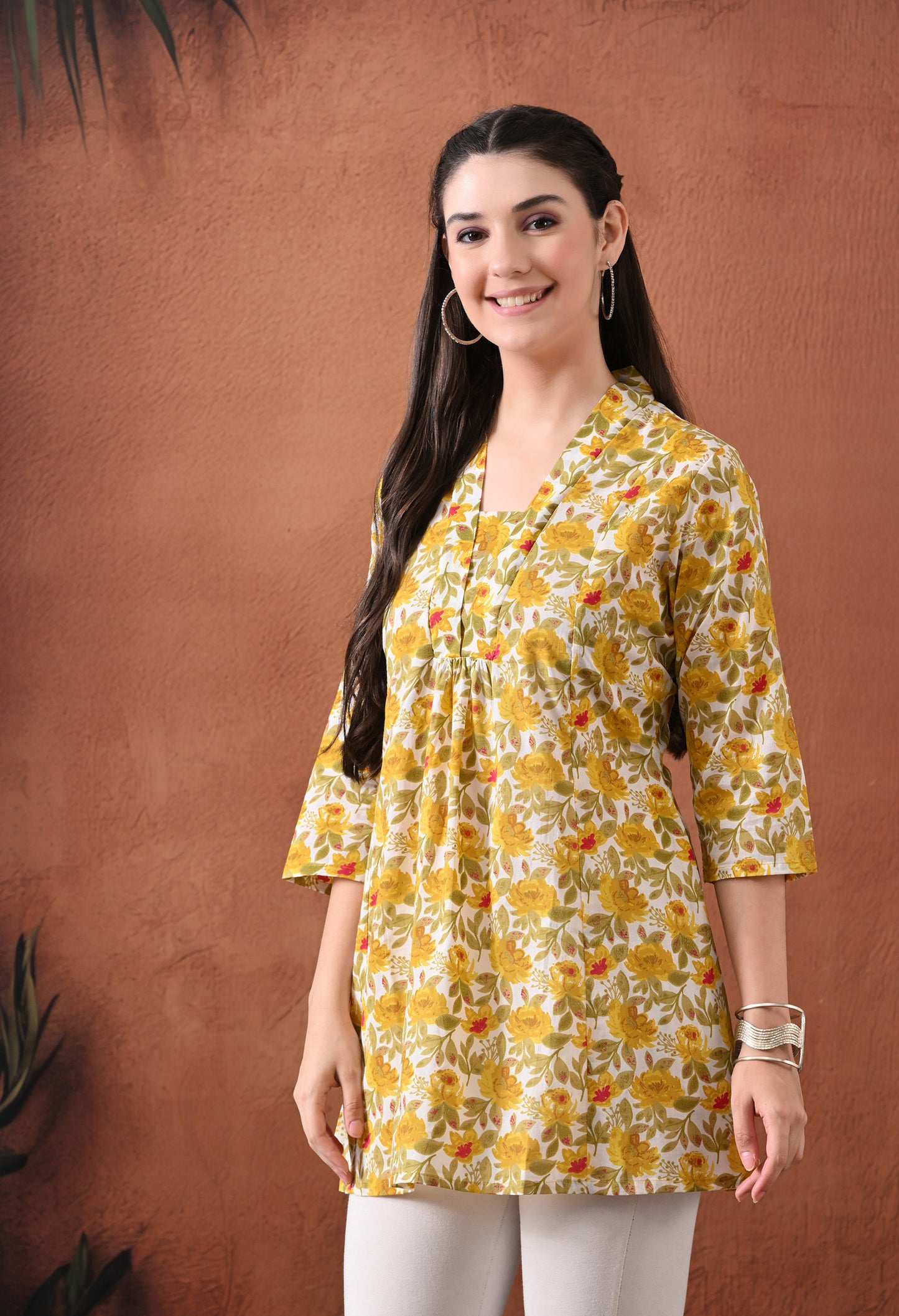 Floral Printed V-Neck Pure Cotton Kurti