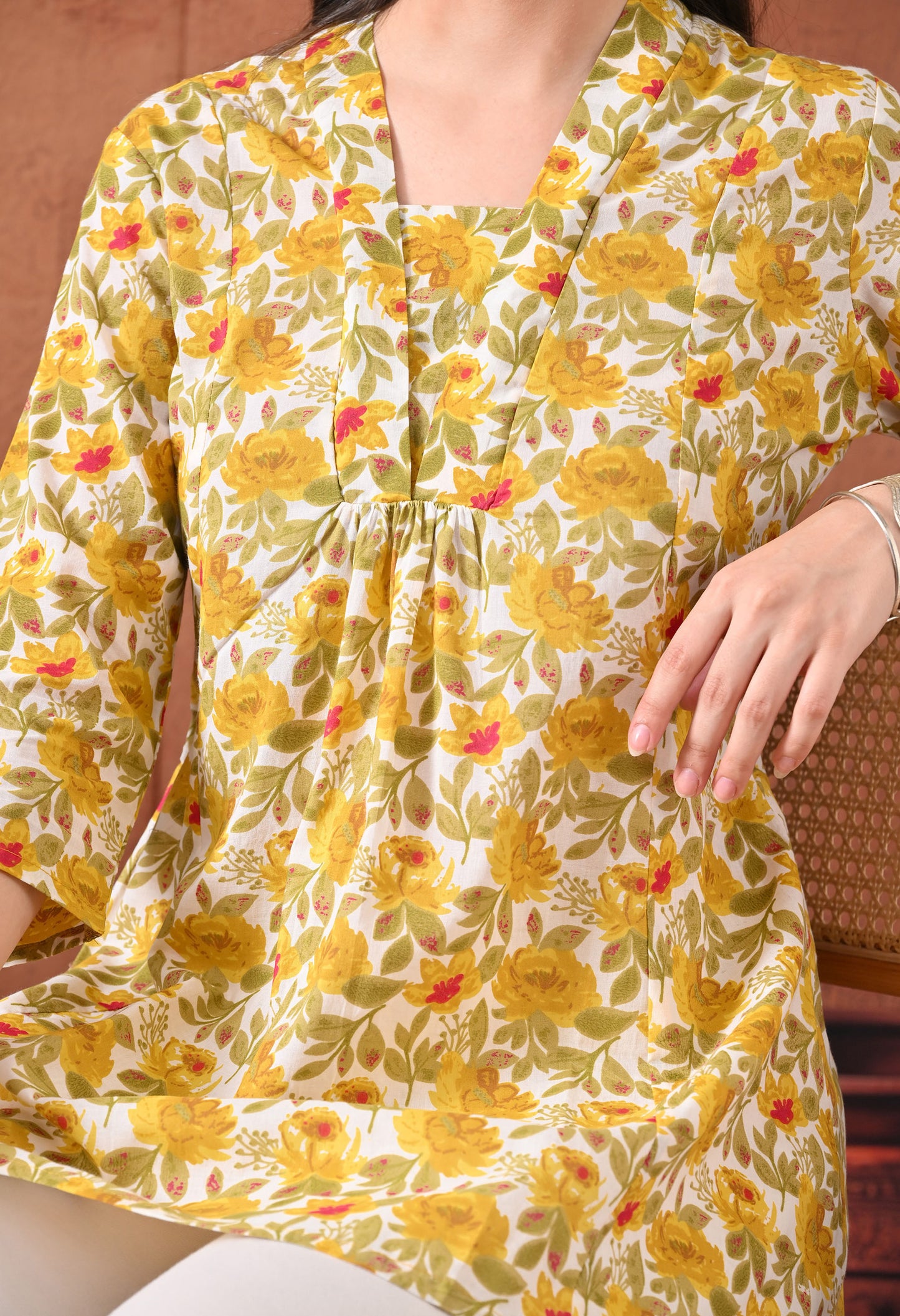Floral Printed V-Neck Pure Cotton Kurti