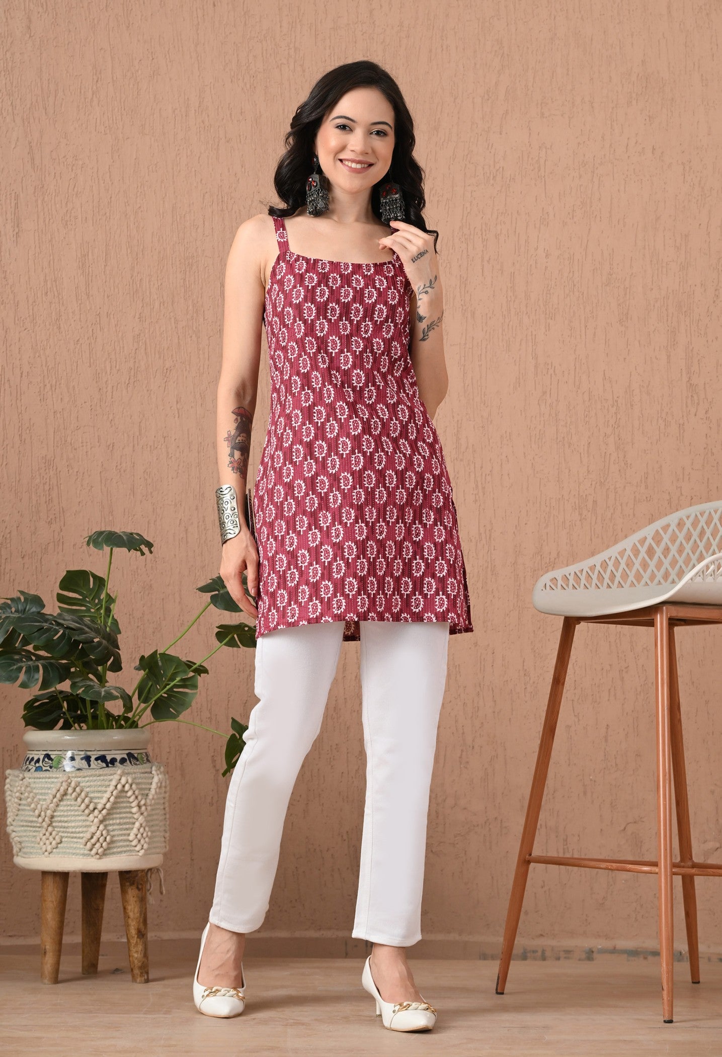 Stylish Maroon Printed Short kurti for casual wear
