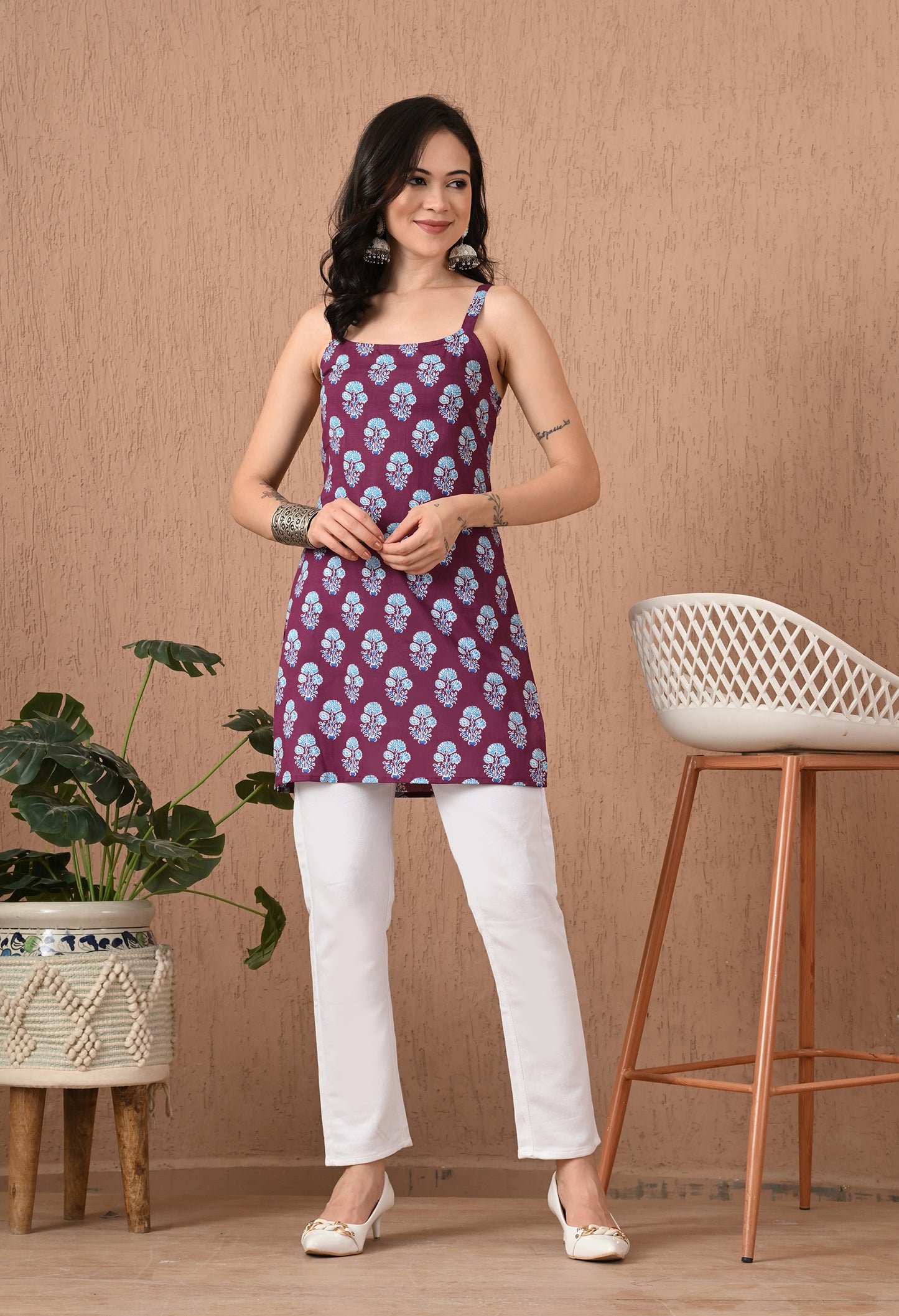 Floral Printed Square Neck Pure Cotton Kurti