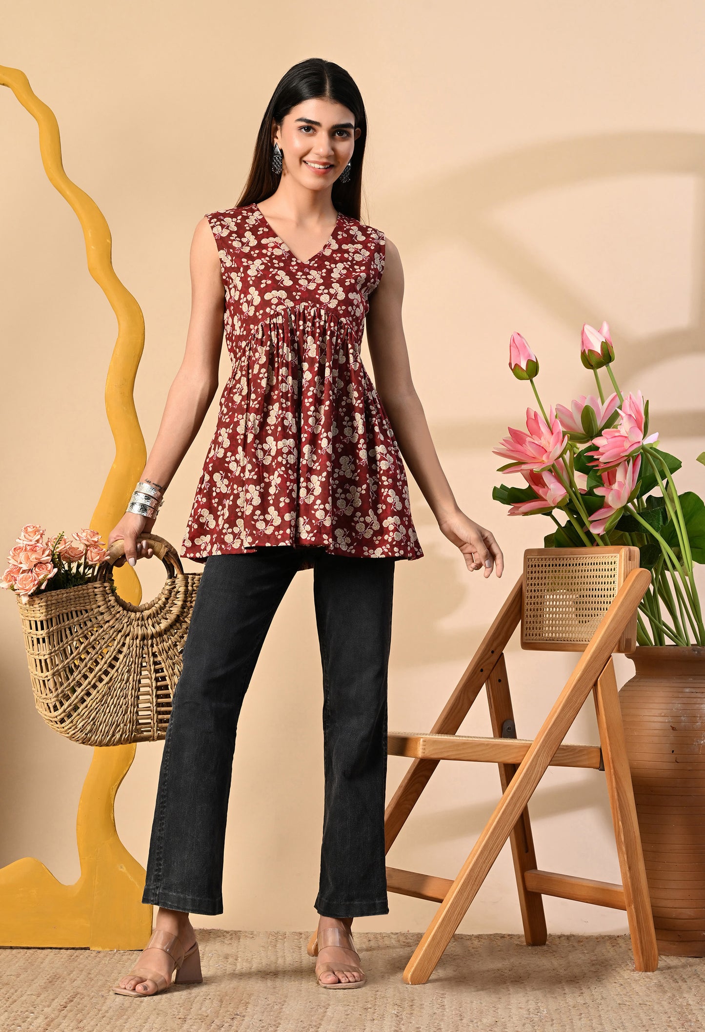 Floral Printed V-Neck Pure Cotton Anarkali Kurti