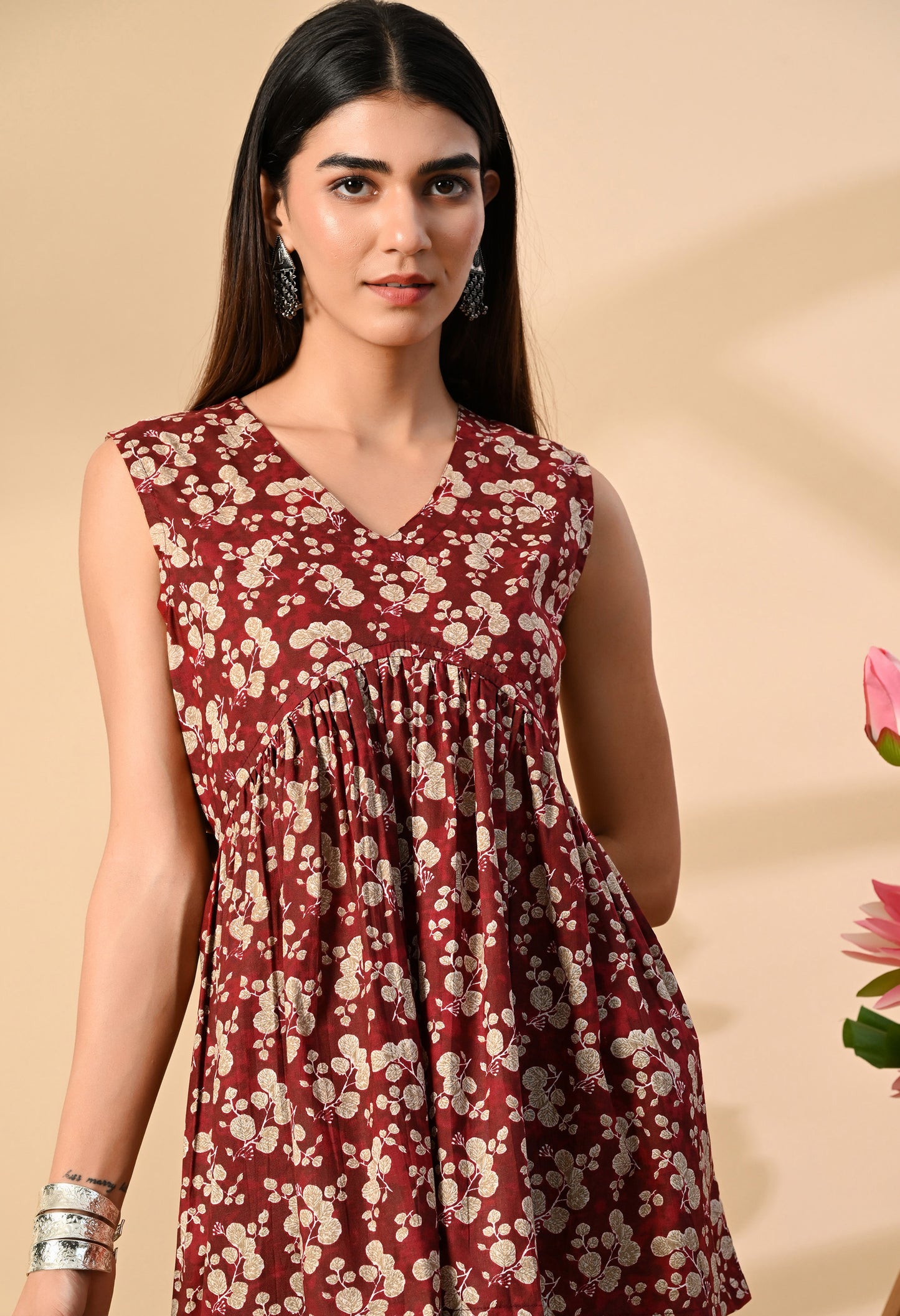 Floral Printed V-Neck Pure Cotton Anarkali Kurti