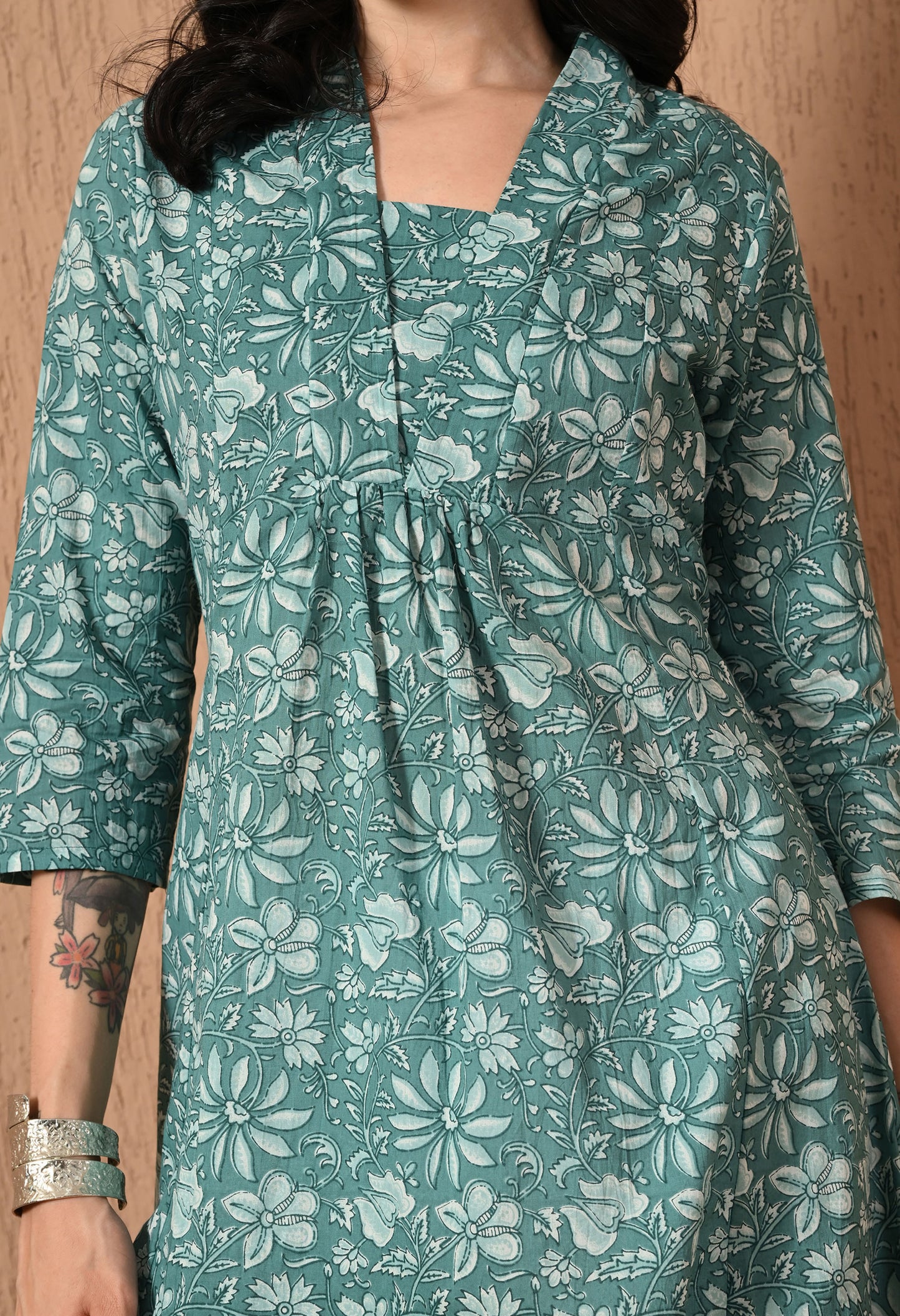 Floral Printed V-Neck Pure Cotton Empire Kurti