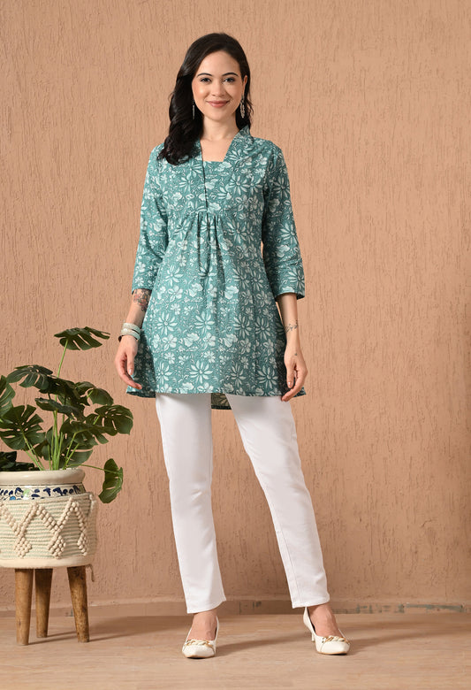 Floral Printed V-Neck Pure Cotton Empire Kurti