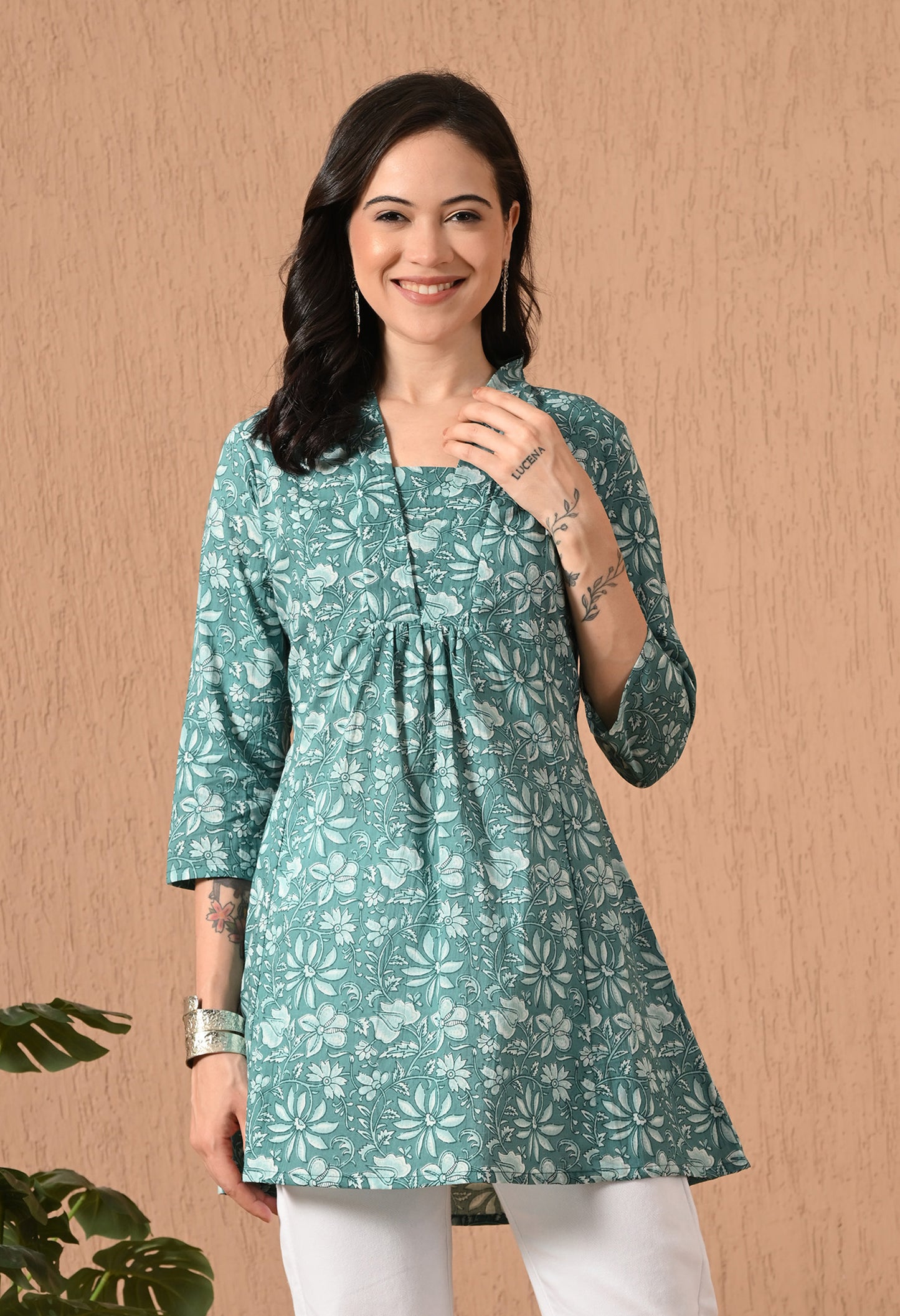 Floral Printed V-Neck Pure Cotton Empire Kurti