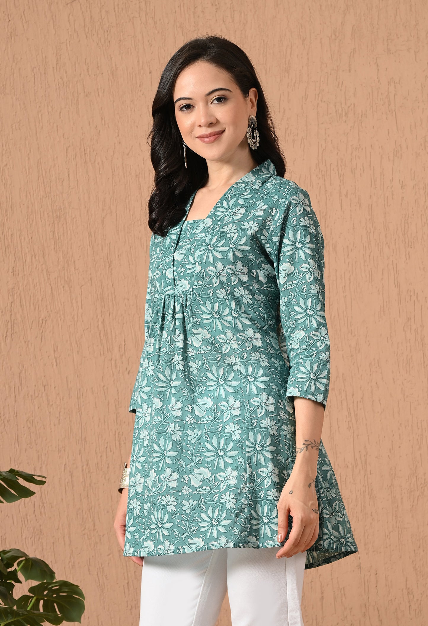 Floral Printed V-Neck Pure Cotton Empire Kurti