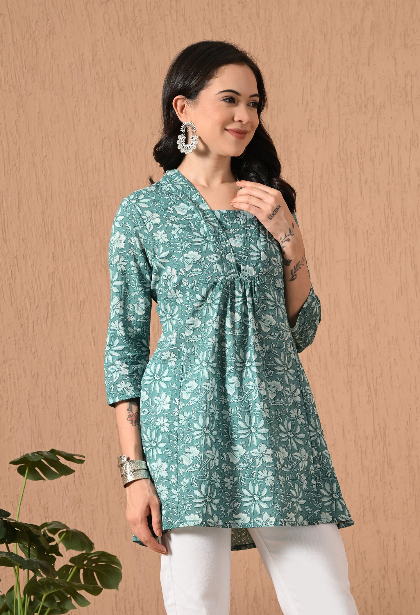 Floral Printed V-Neck Pure Cotton Empire Kurti