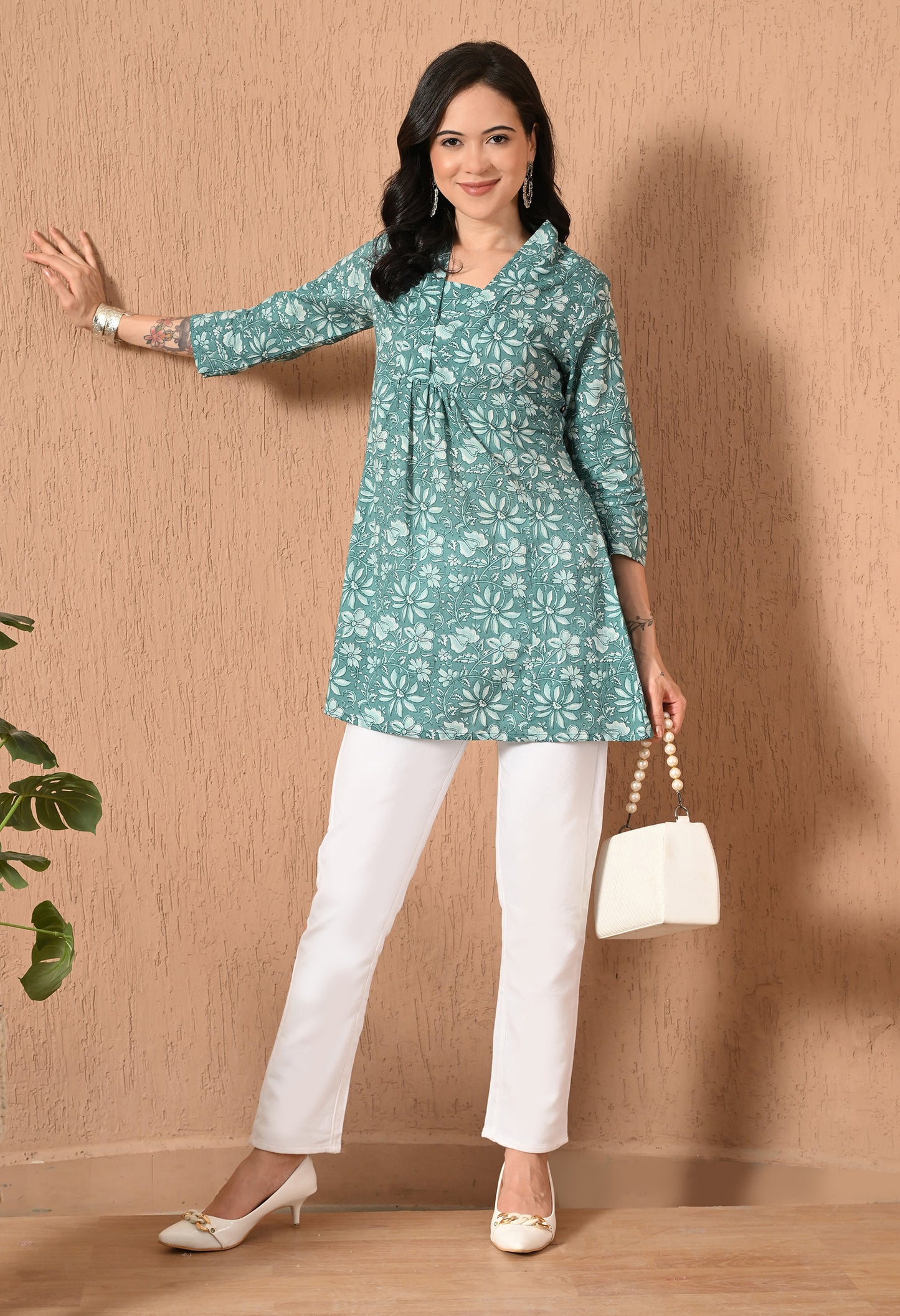 Floral Printed V-Neck Pure Cotton Empire Kurti