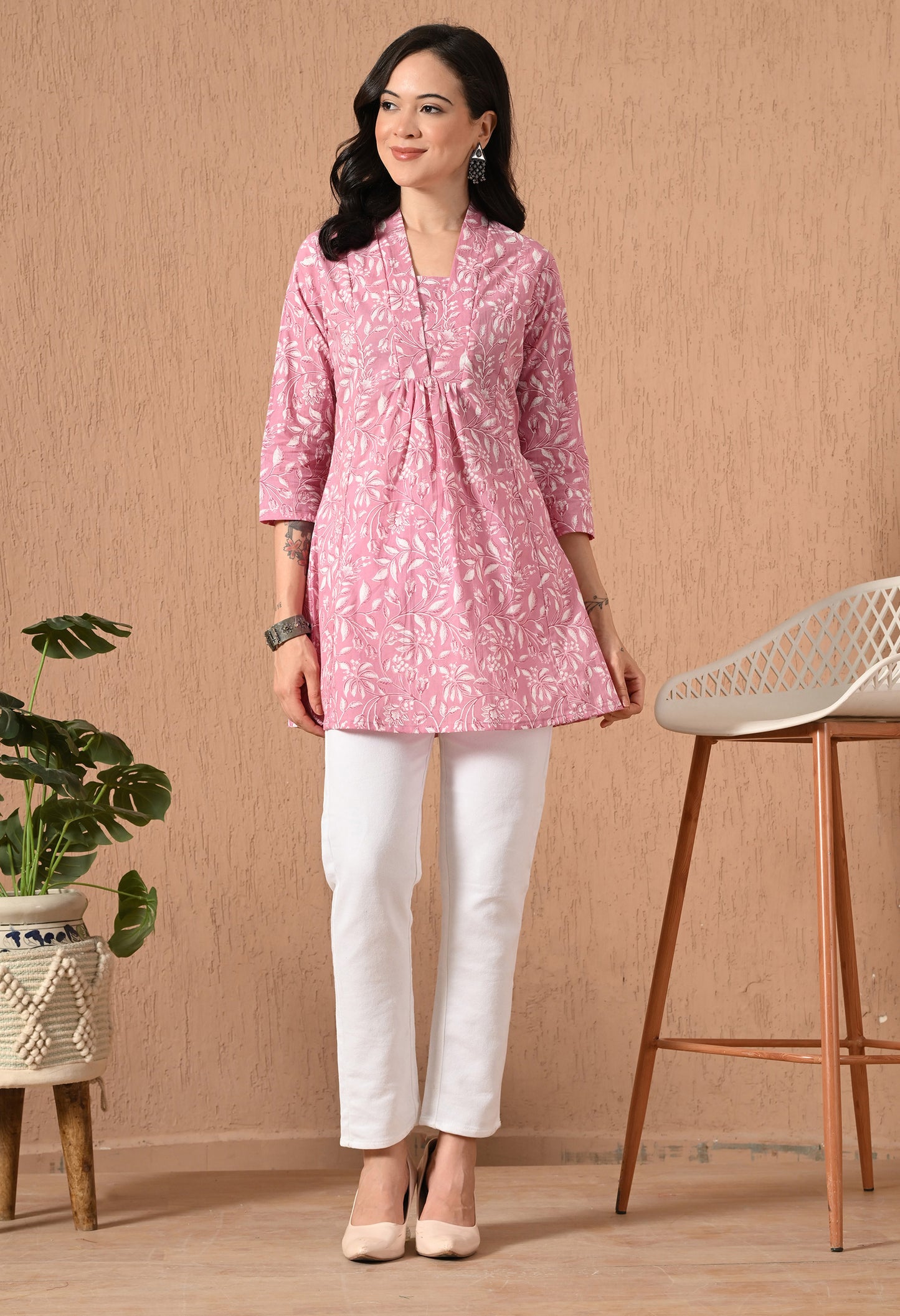 Floral Printed V-Neck Pure Cotton Empire Kurti