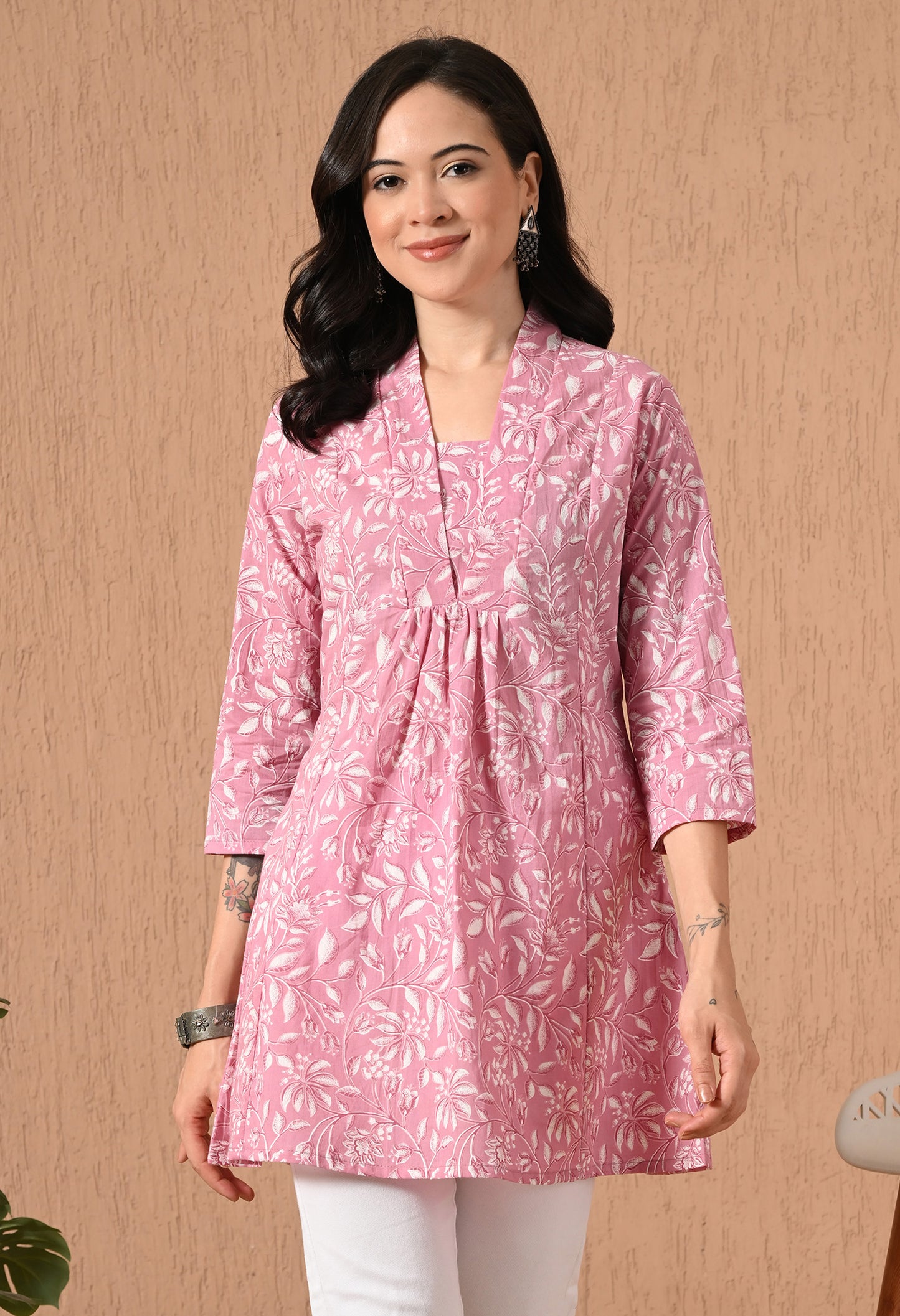 Floral Printed V-Neck Pure Cotton Empire Kurti
