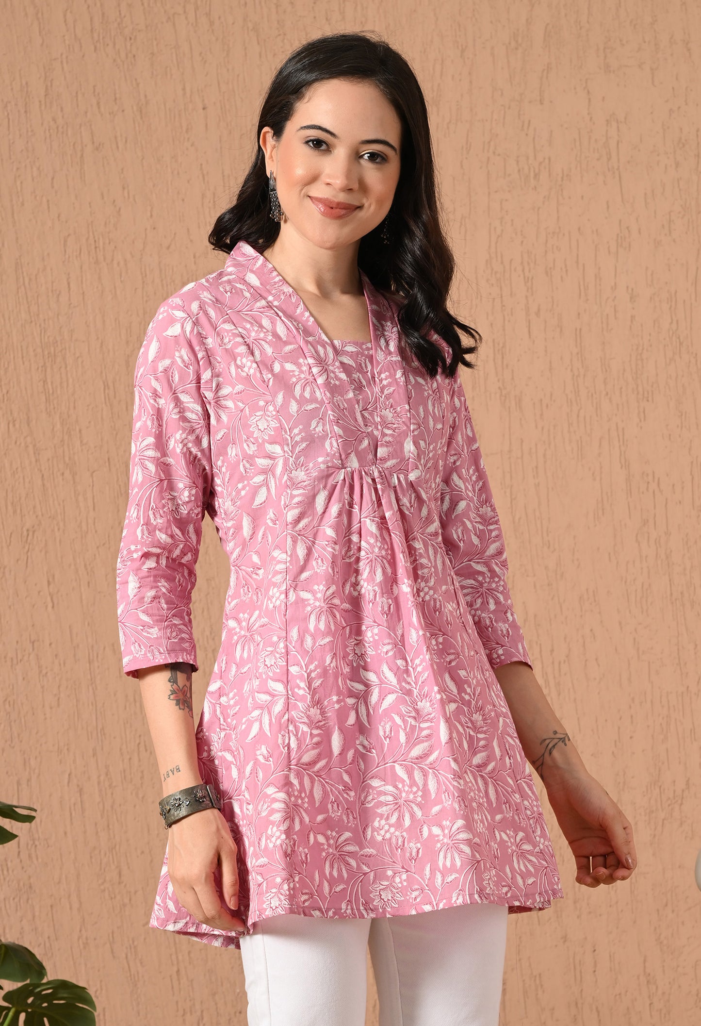 Floral Printed V-Neck Pure Cotton Empire Kurti