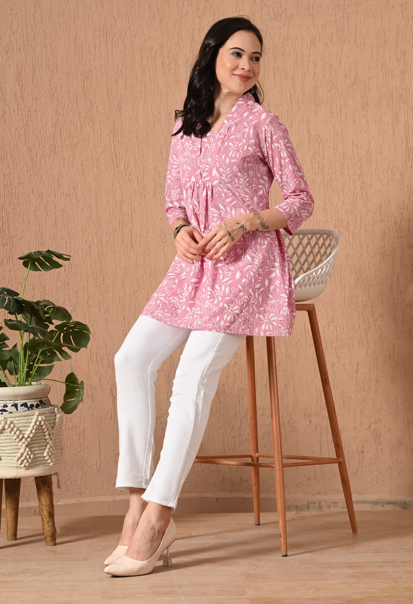 Floral Printed V-Neck Pure Cotton Empire Kurti