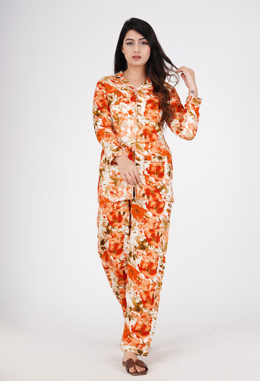 Floral Printed Lapeled Collar Shirt With Pyjama