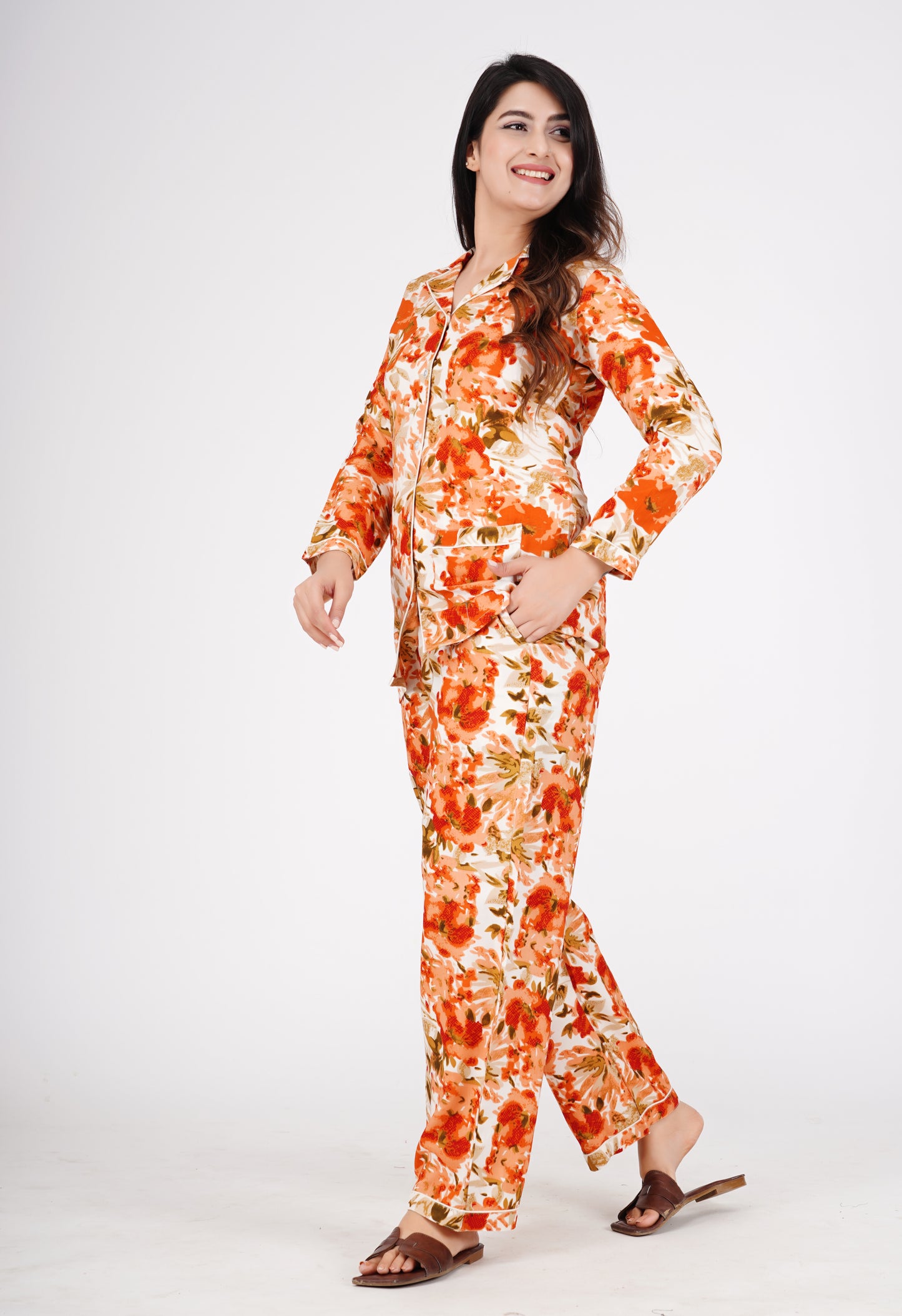 Floral Printed Lapeled Collar Shirt With Pyjama