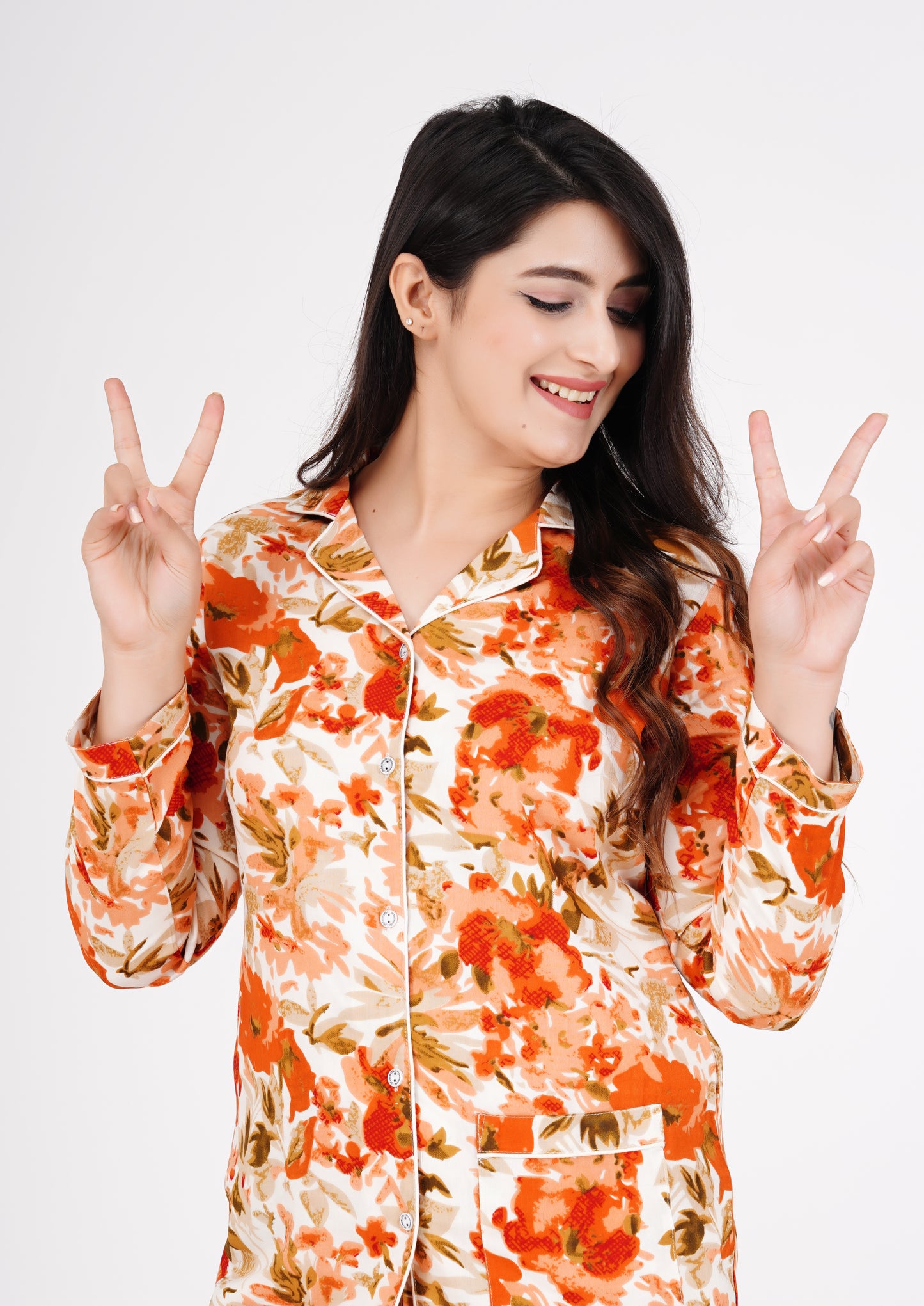Floral Printed Lapeled Collar Shirt With Pyjama