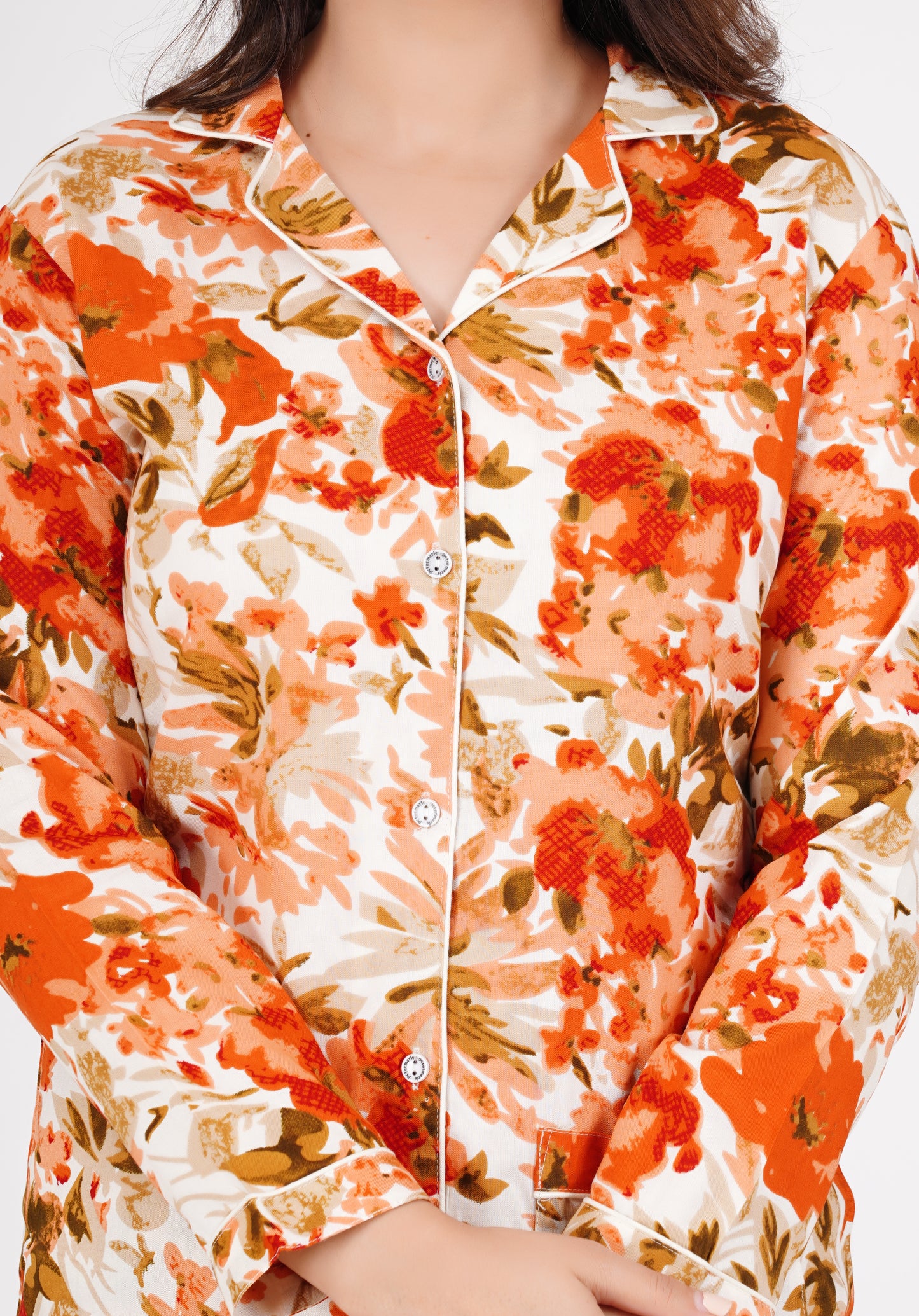 Floral Printed Lapeled Collar Shirt With Pyjama