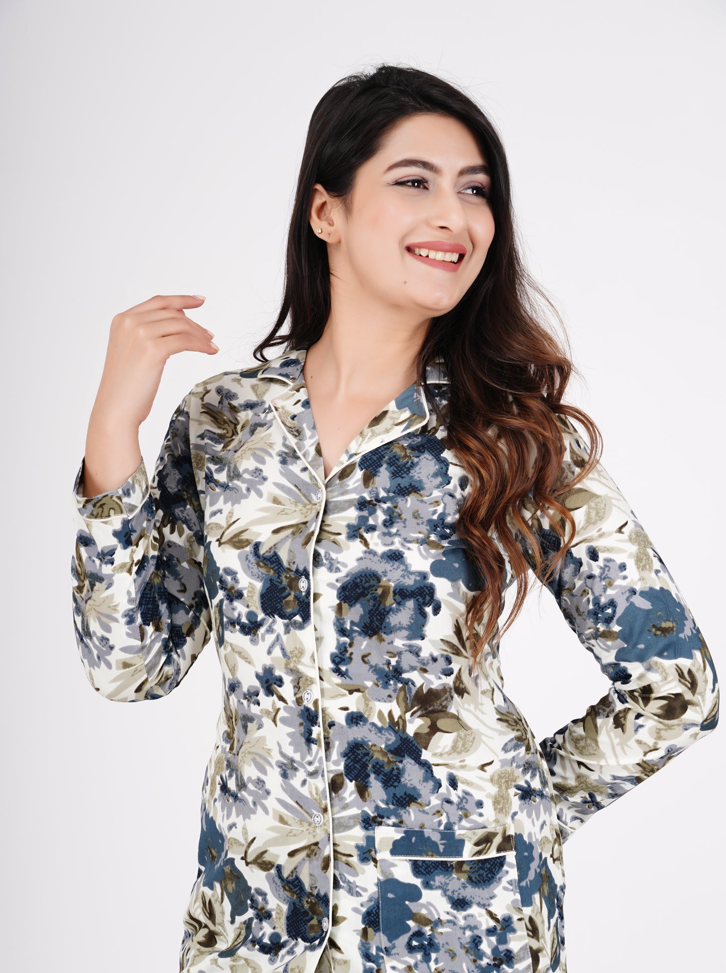 Floral Printed Cotton White Shirt With Pyjama