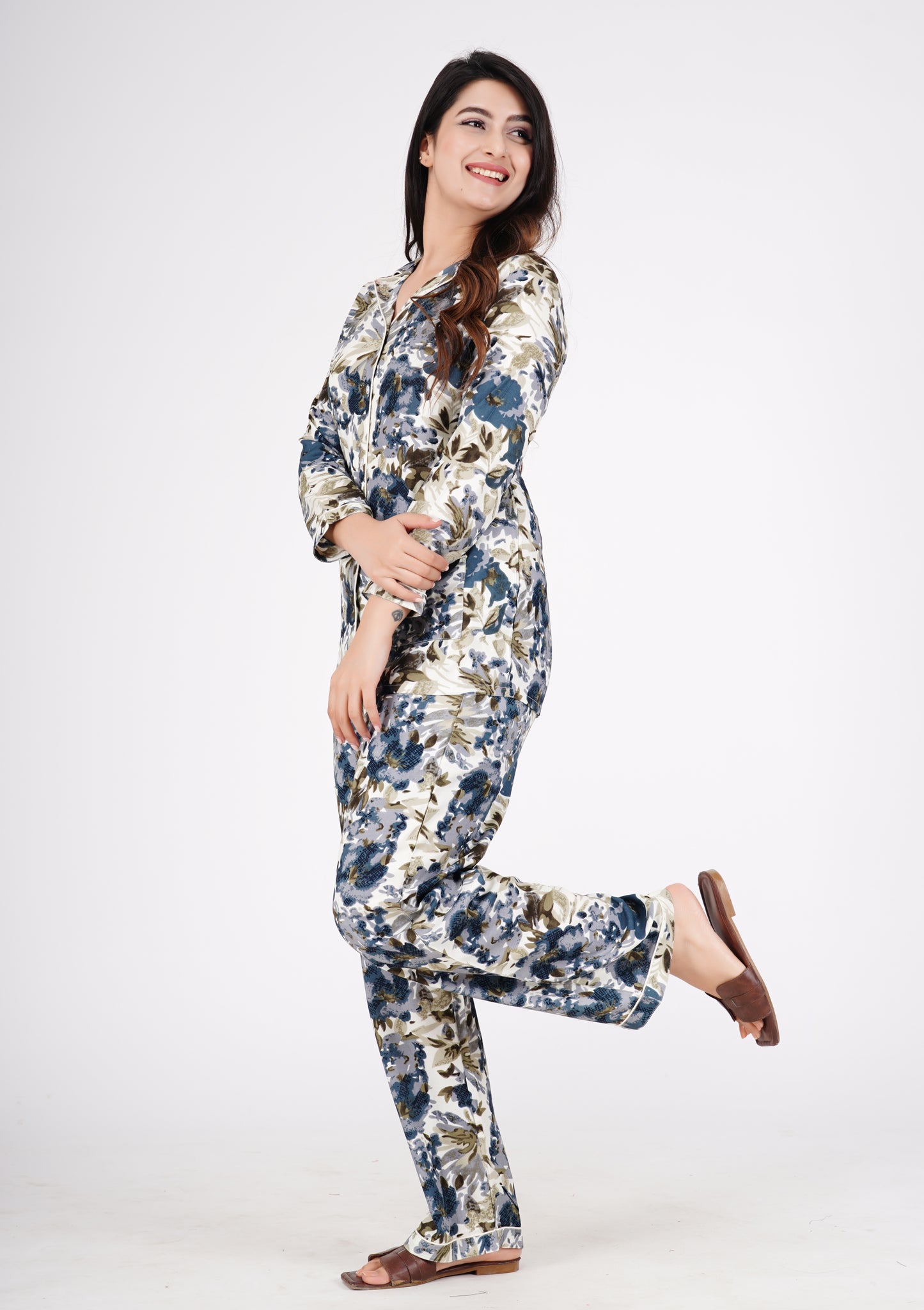 Floral Printed Cotton White Shirt With Pyjama