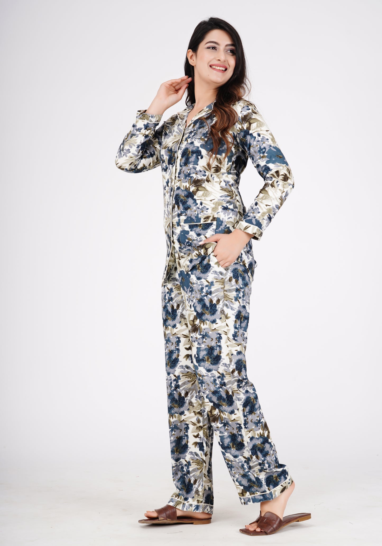 Floral Printed Cotton White Shirt With Pyjama