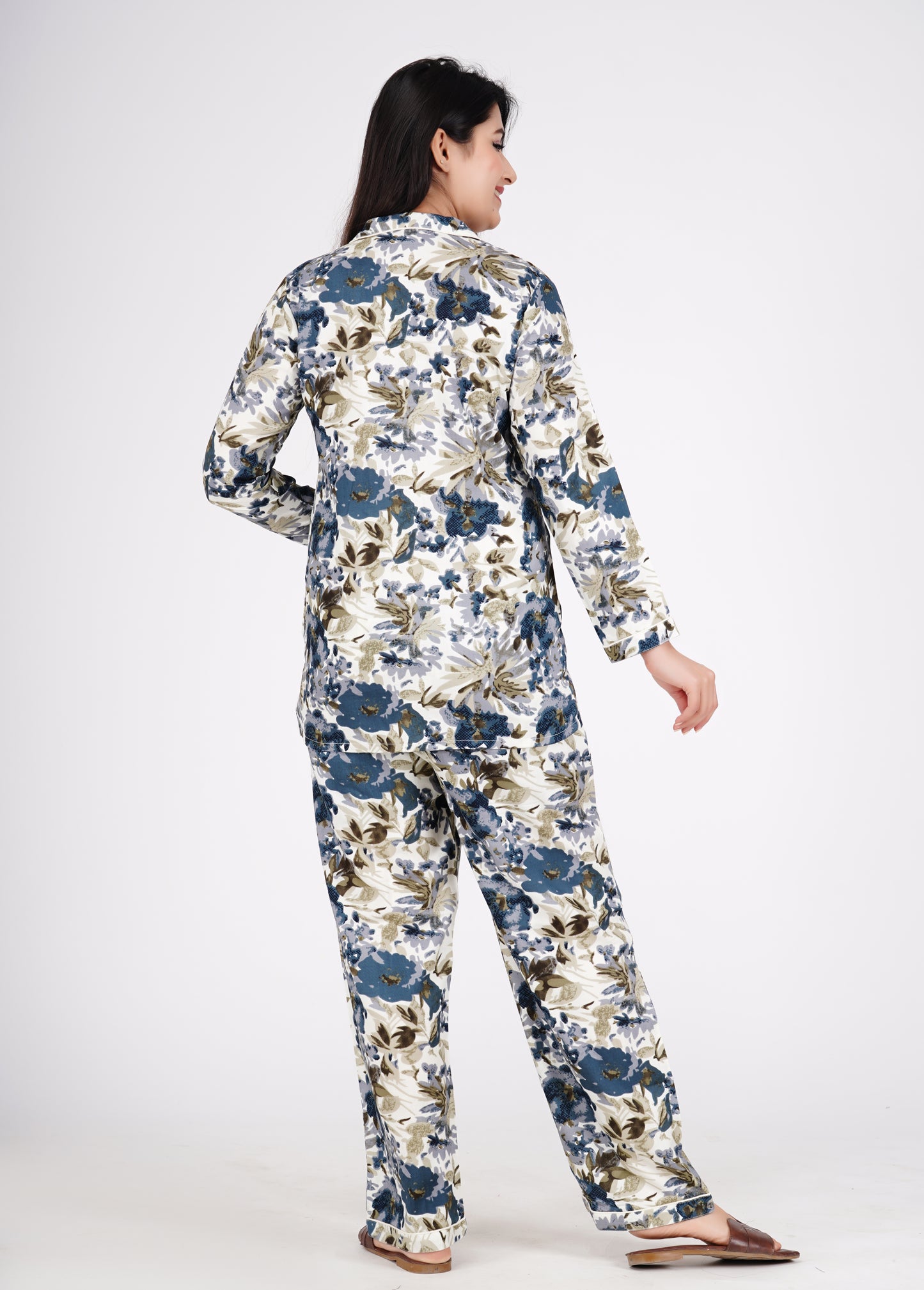 Floral Printed Cotton White Shirt With Pyjama