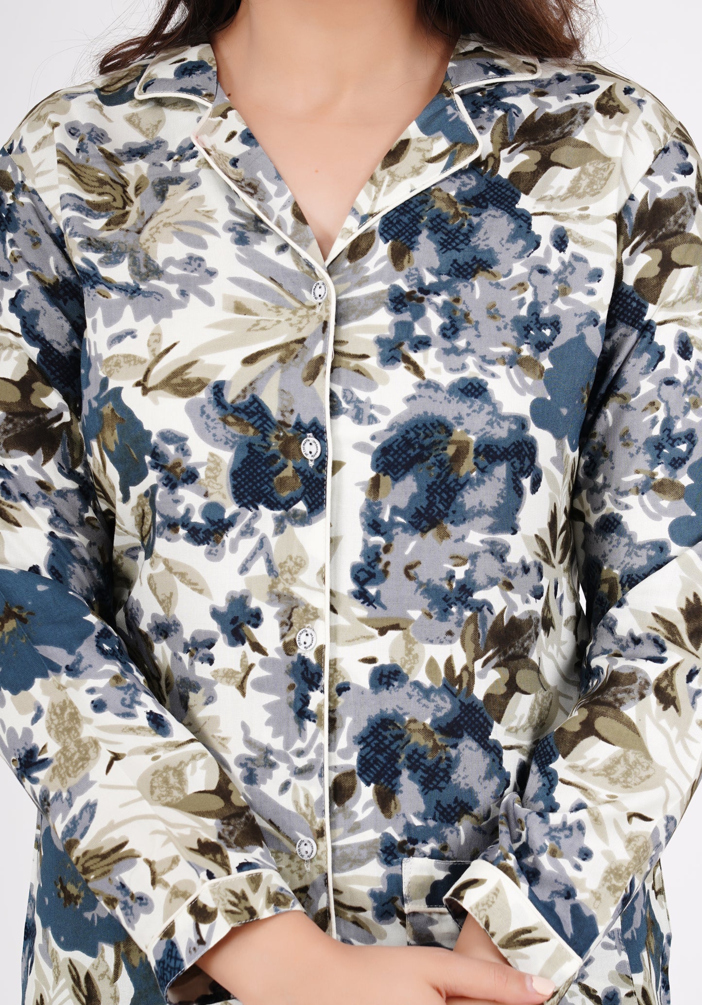 Floral Printed Cotton White Shirt With Pyjama