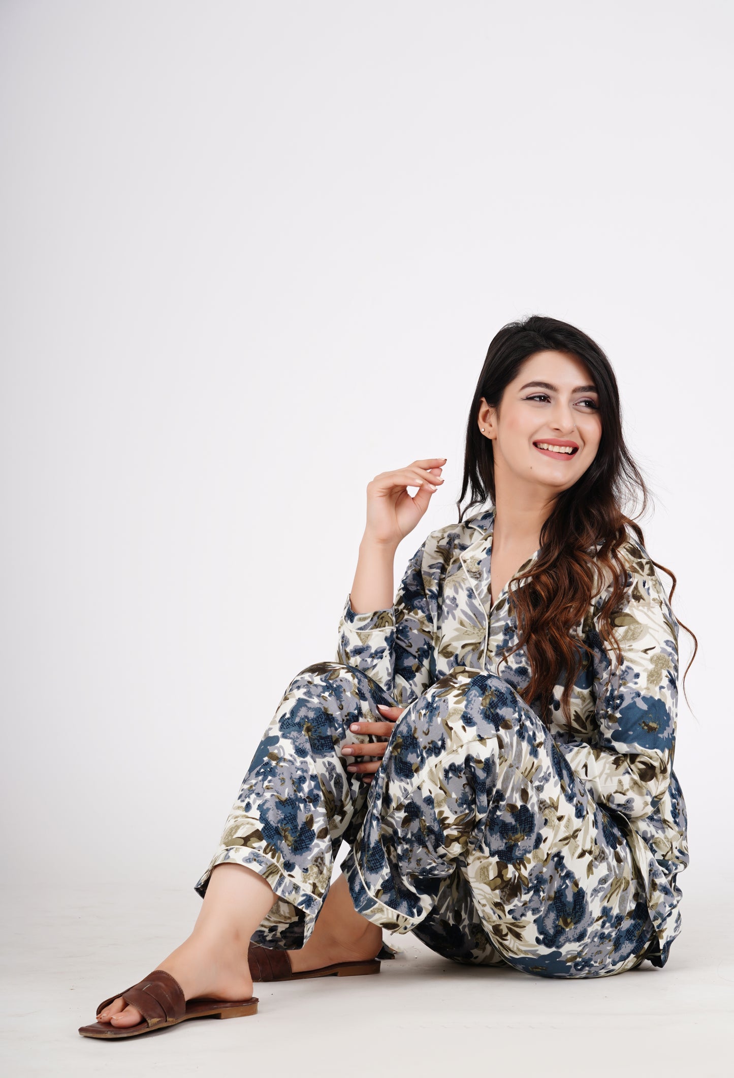 Floral Printed Cotton White Shirt With Pyjama