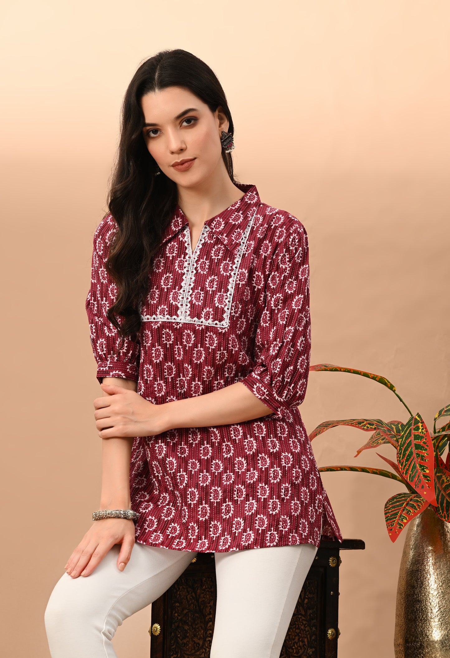 Paisley Printed Shirt Collar Pure Cotton Kurti