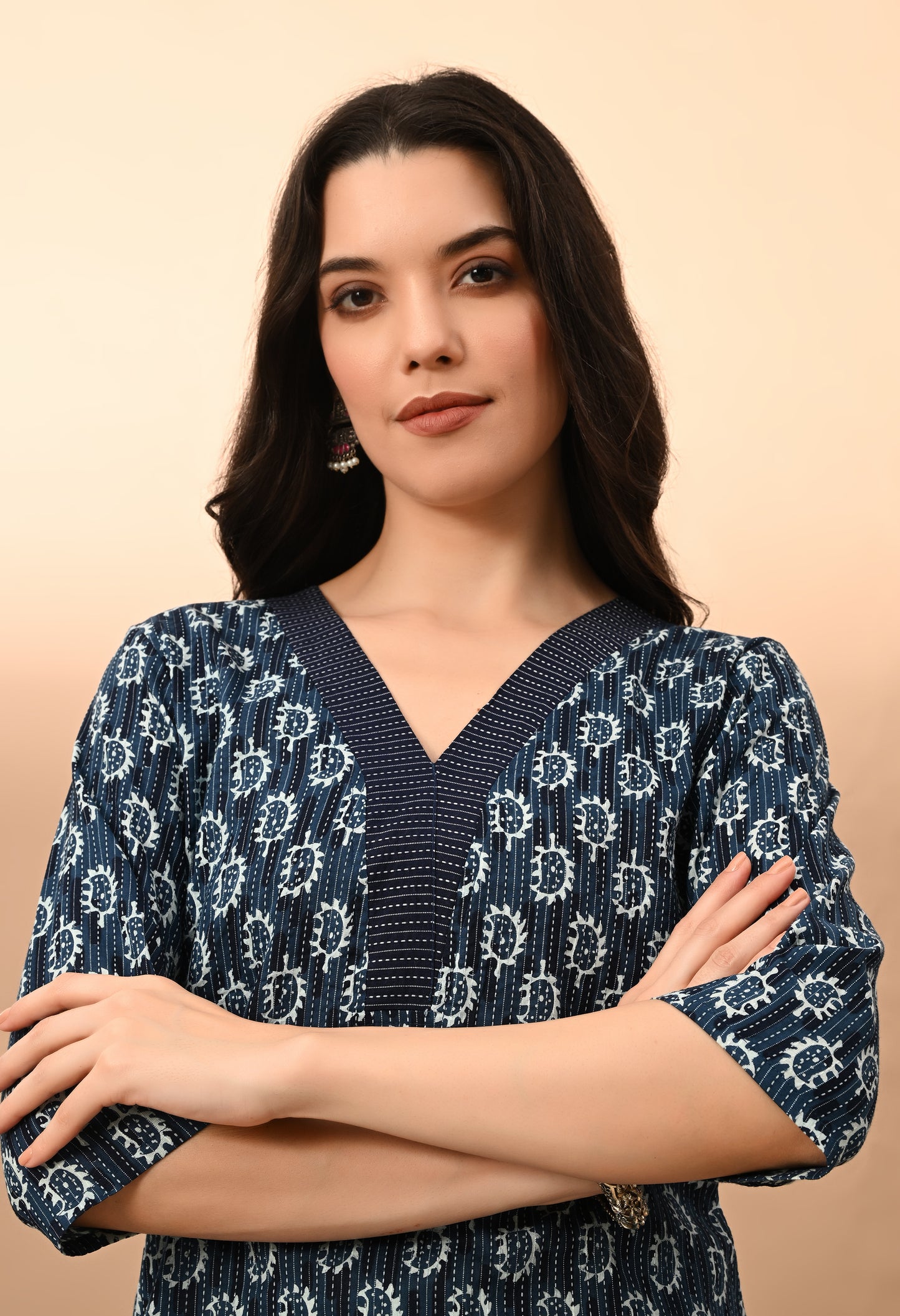 Floral Printed V-Neck Straight Short Pure Cotton Kurti