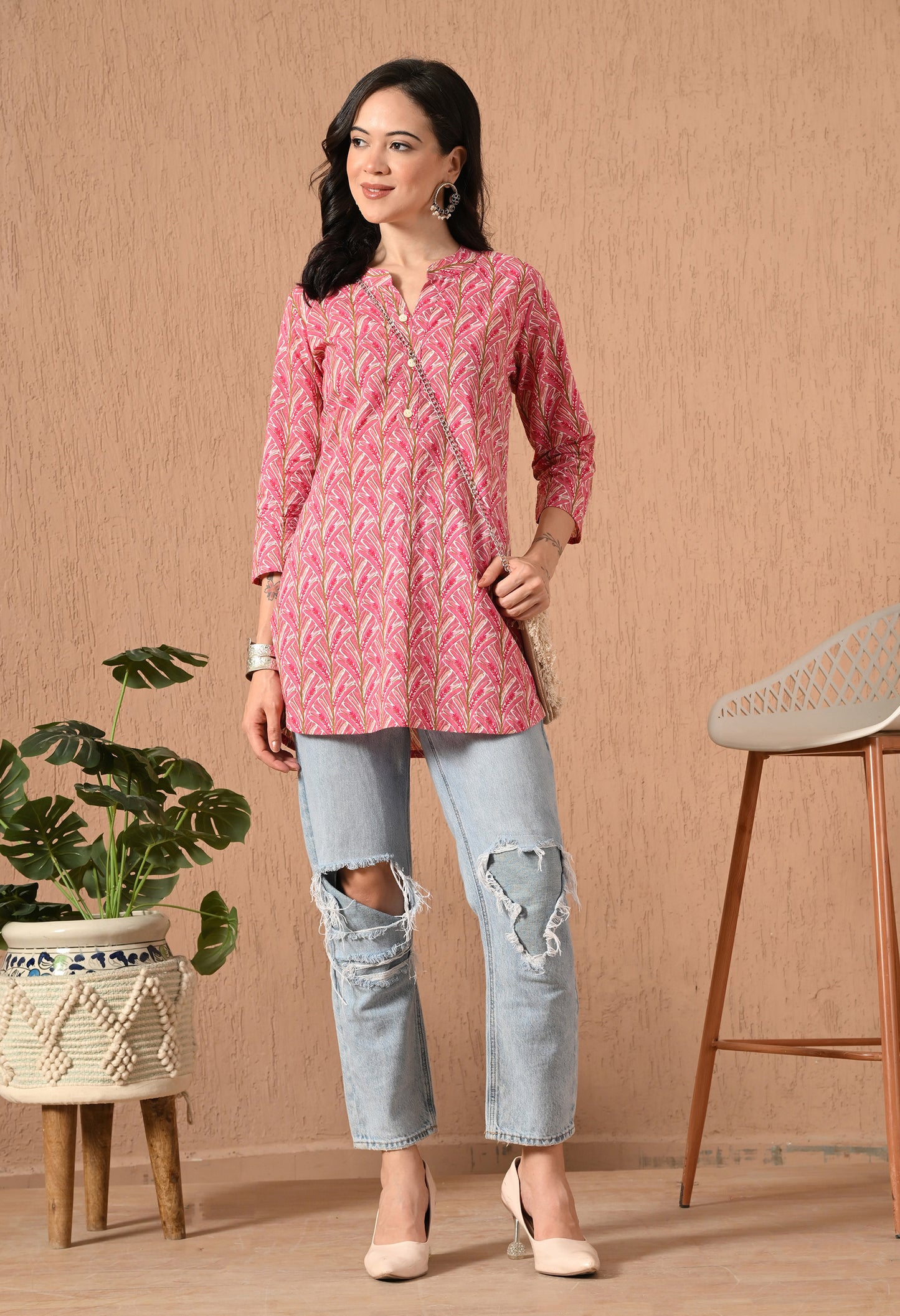 Floral Printed Mandarin Collar Pure Cotton Kurti