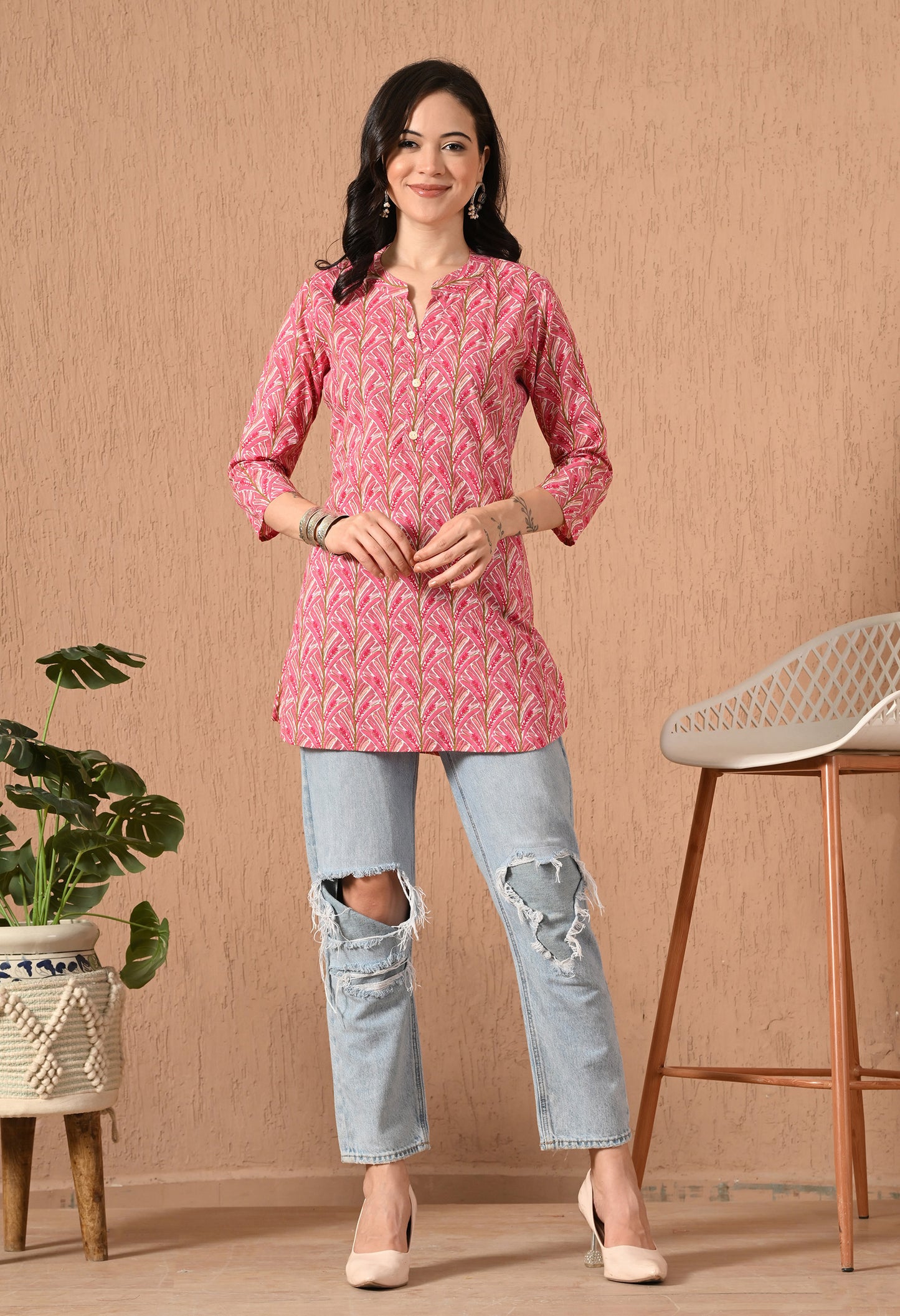 Floral Printed Mandarin Collar Pure Cotton Kurti