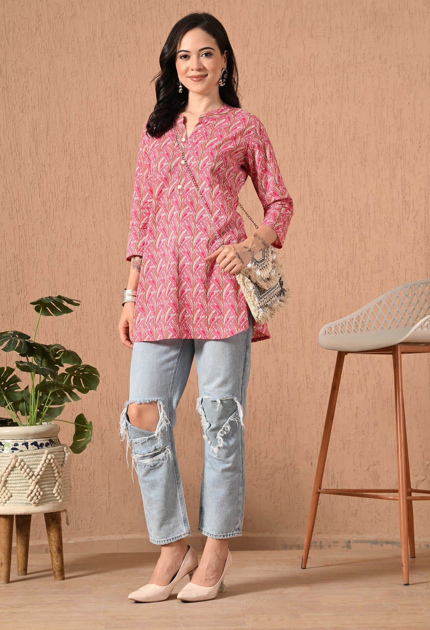 Floral Printed Mandarin Collar Pure Cotton Kurti