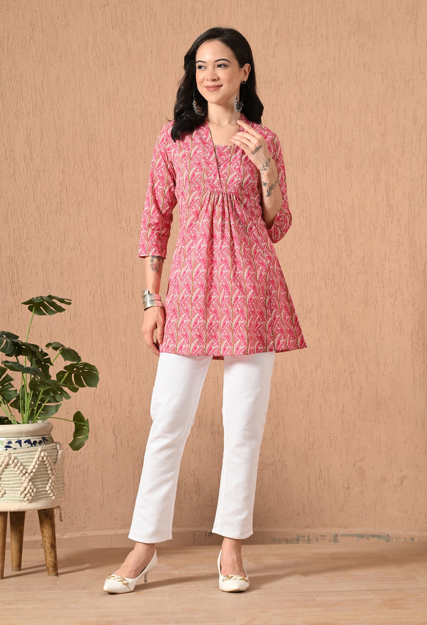 Floral Printed V-Neck Pure Cotton Kurti