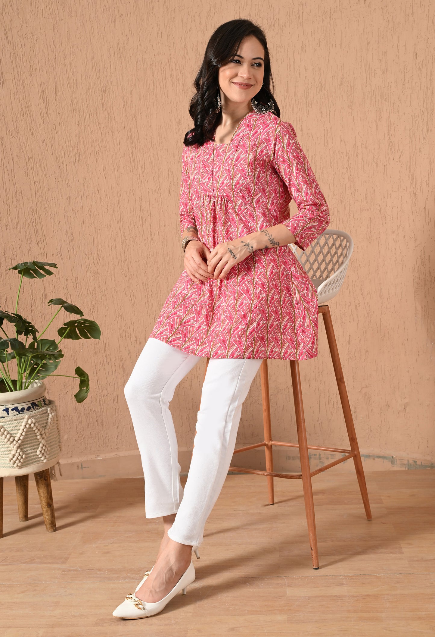 Floral Printed V-Neck Pure Cotton Kurti
