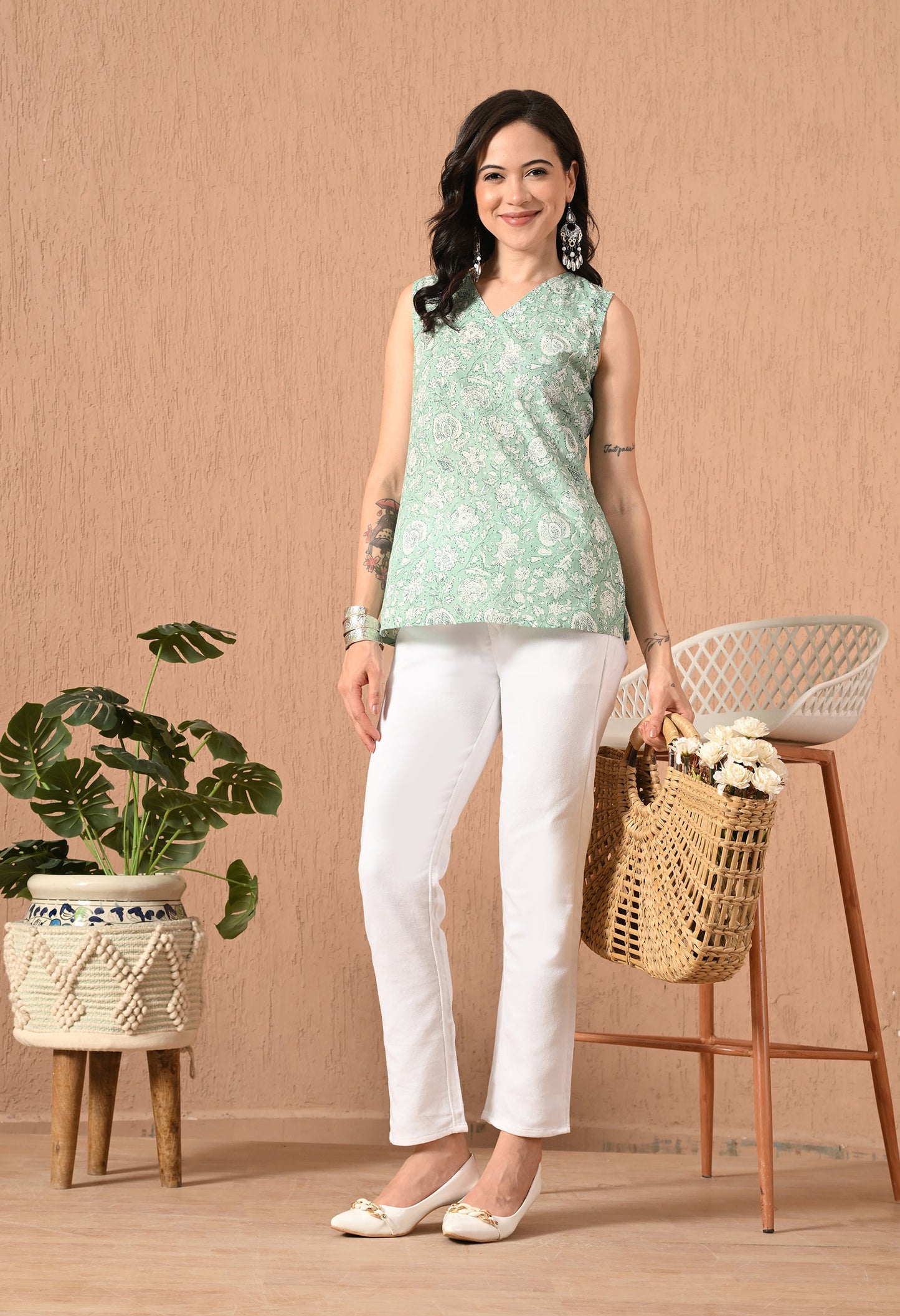 Chevron Printed Boat Neck Pure Cotton Kurti