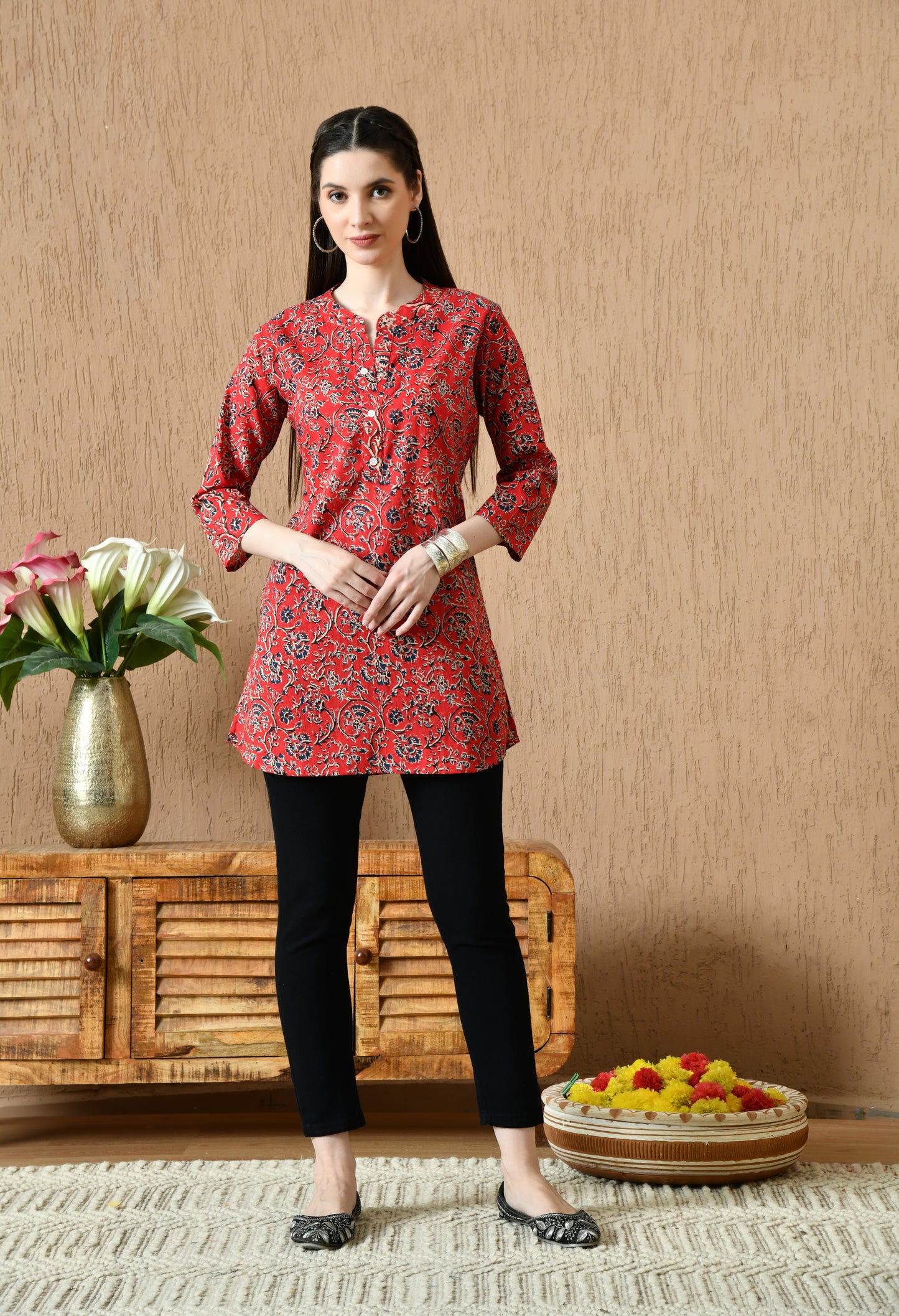 Floral Printed Mandarin Collar Pure Cotton Kurti