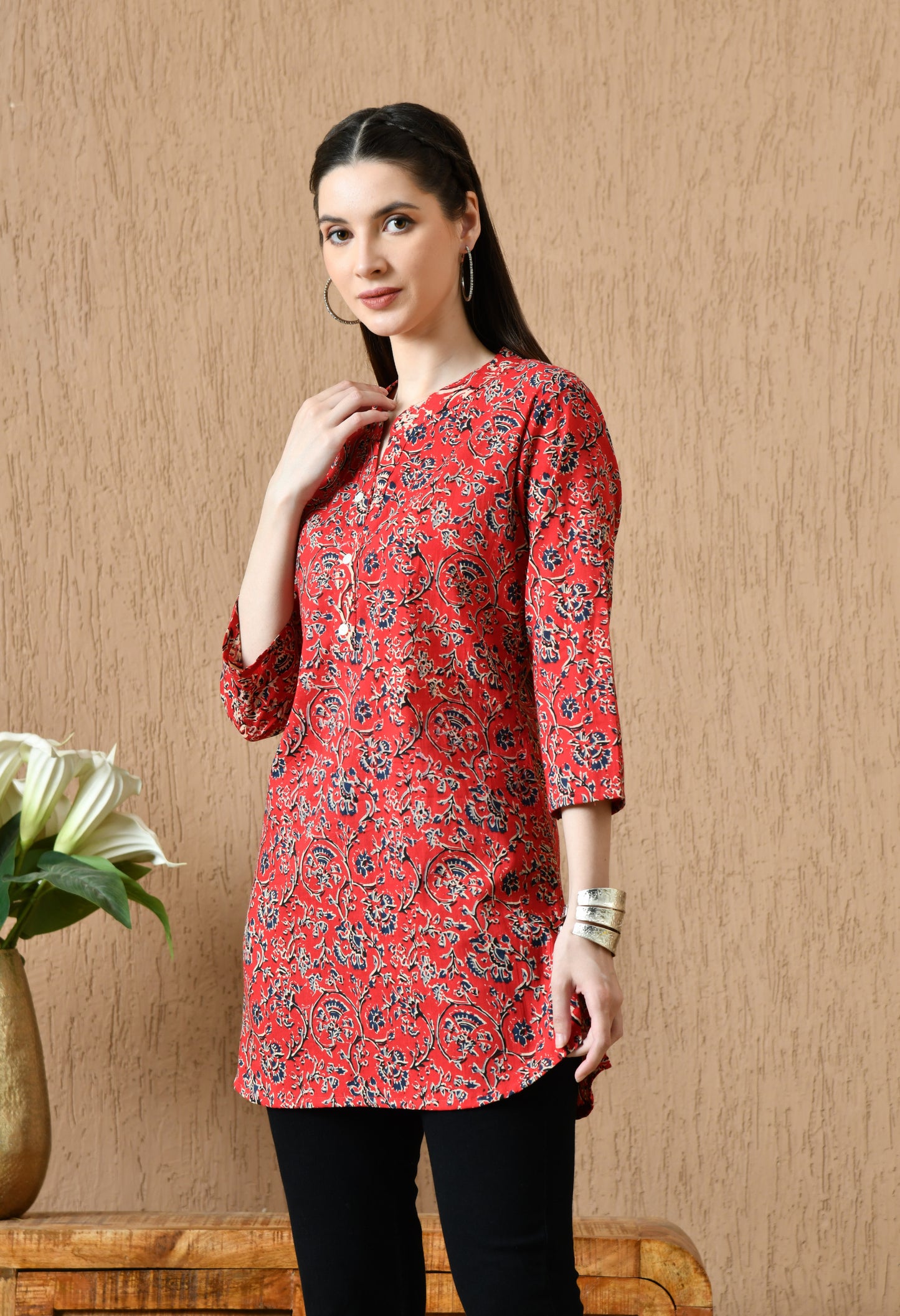 Floral Printed Mandarin Collar Pure Cotton Kurti