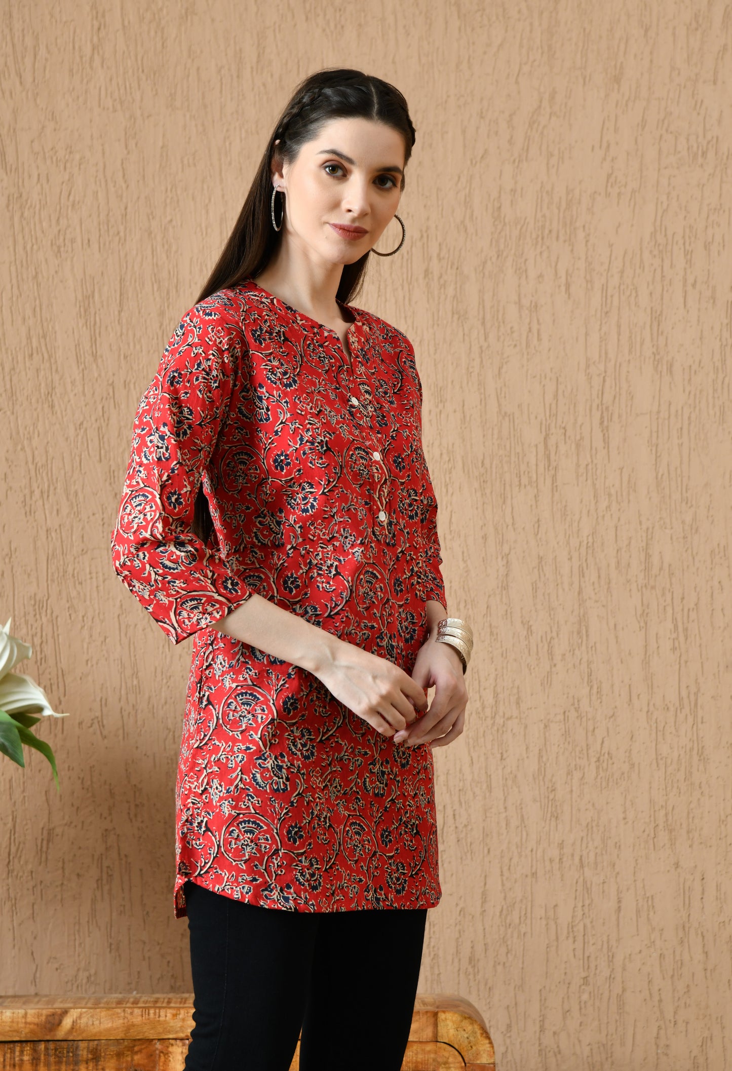 Floral Printed Mandarin Collar Pure Cotton Kurti