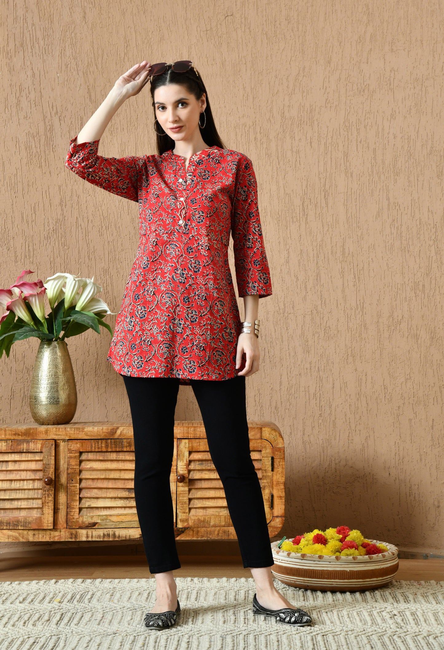 Floral Printed Mandarin Collar Pure Cotton Kurti