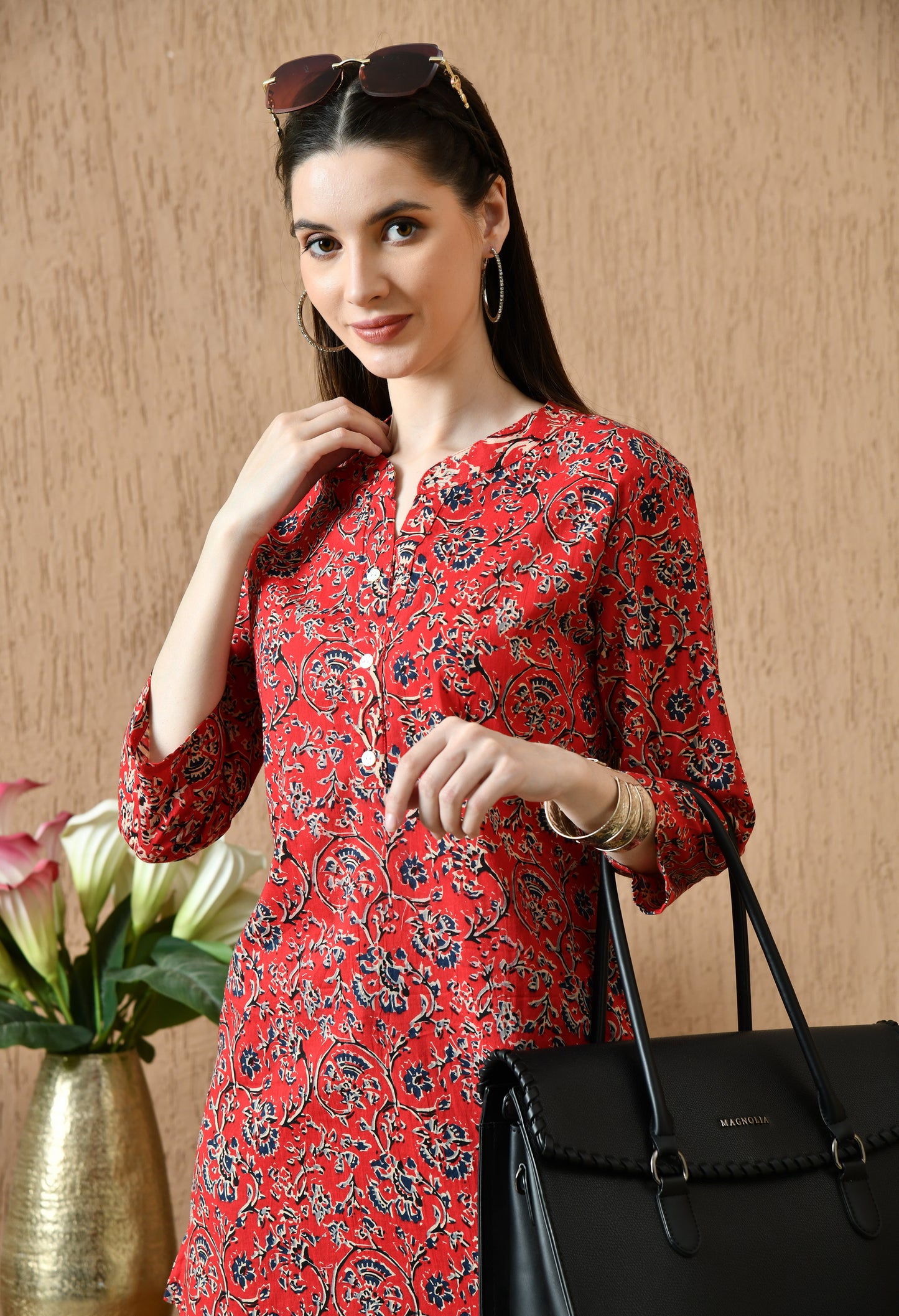 Floral Printed Mandarin Collar Pure Cotton Kurti