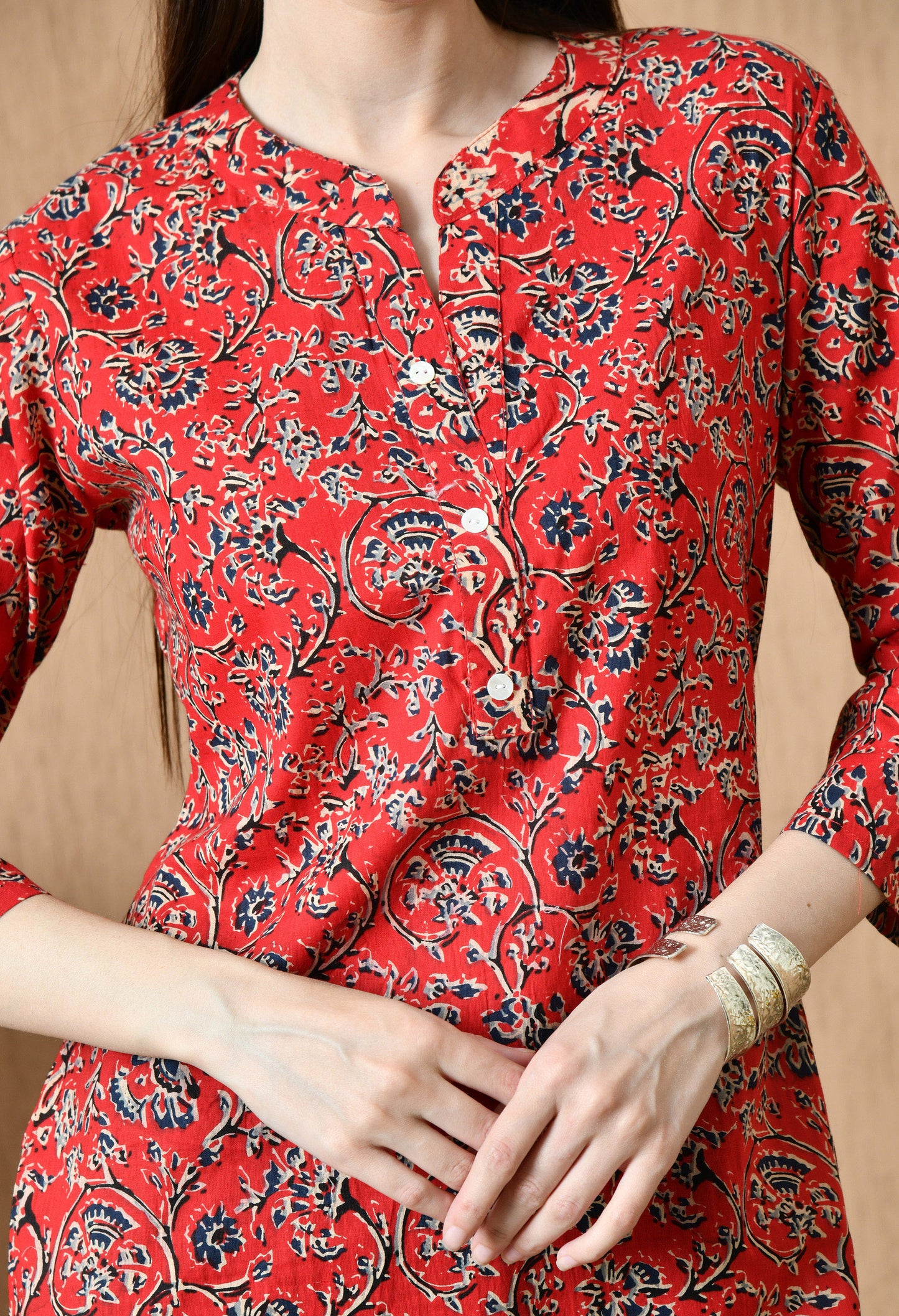 Floral Printed Mandarin Collar Pure Cotton Kurti