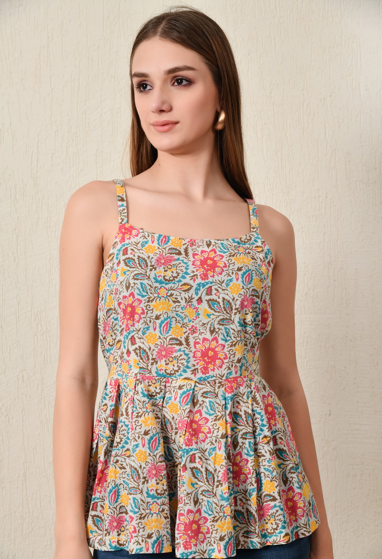 Floral Printed Square Neck Pure Cotton Pleated Anarkali Kurti
