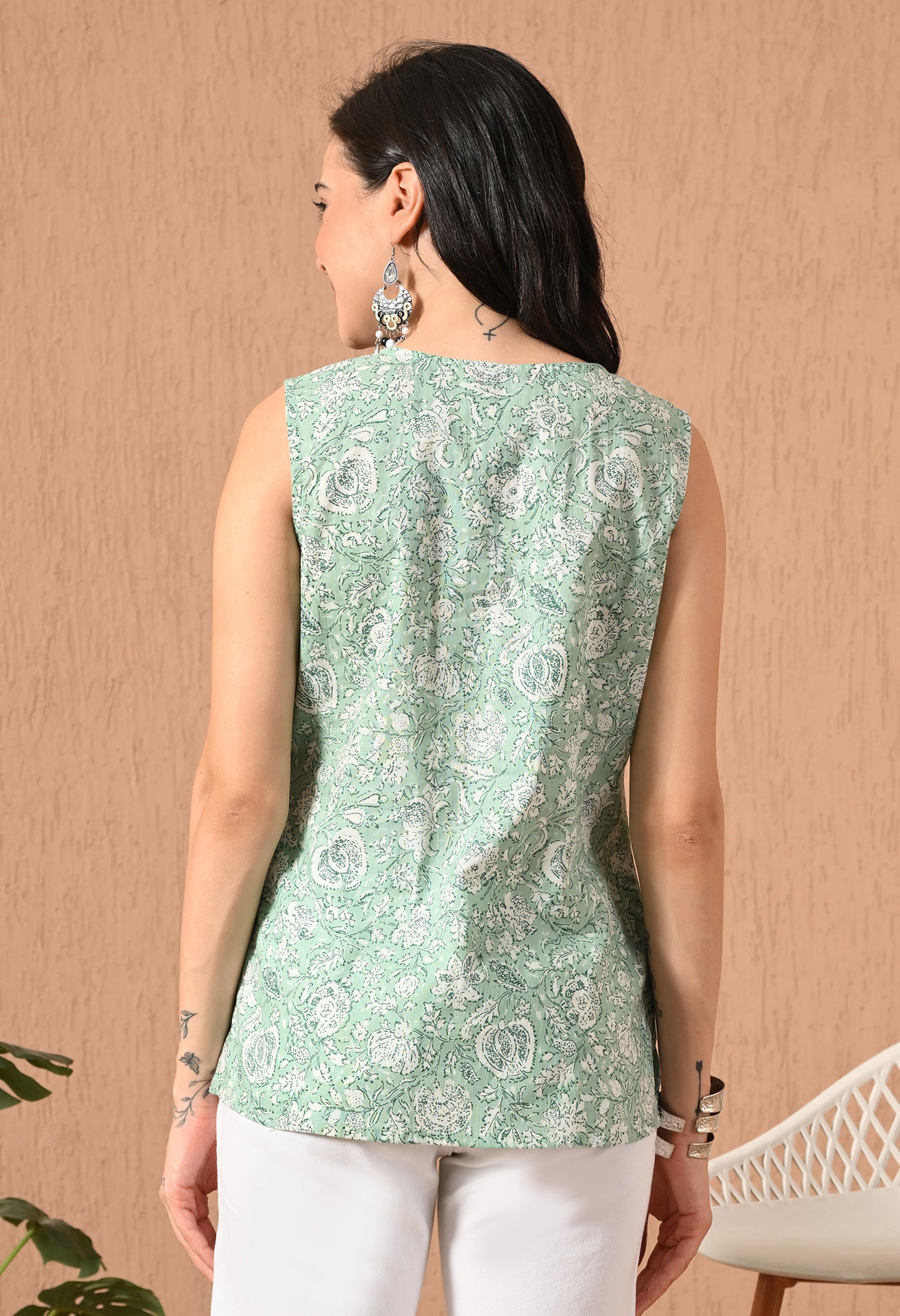 Floral Printed V-Neck Pure Cotton Short Kurti
