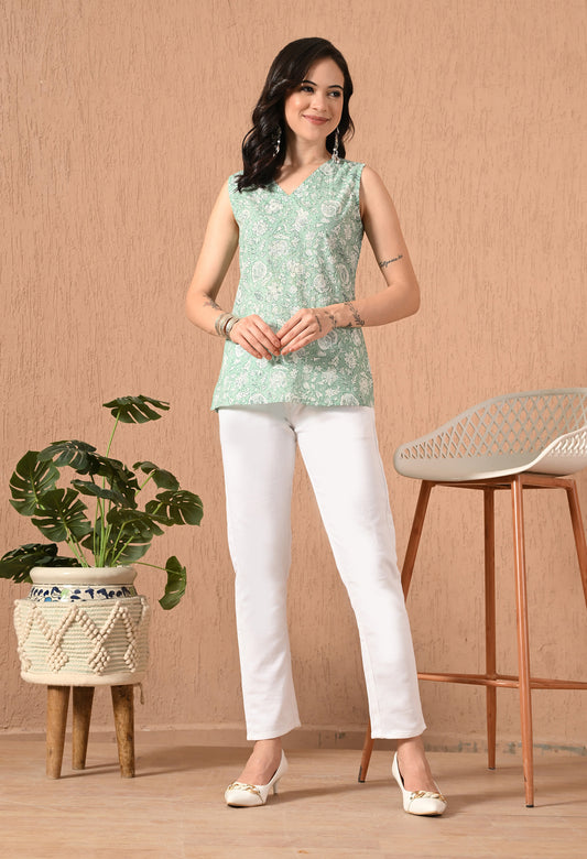 Floral Printed V-Neck Pure Cotton Short Kurti