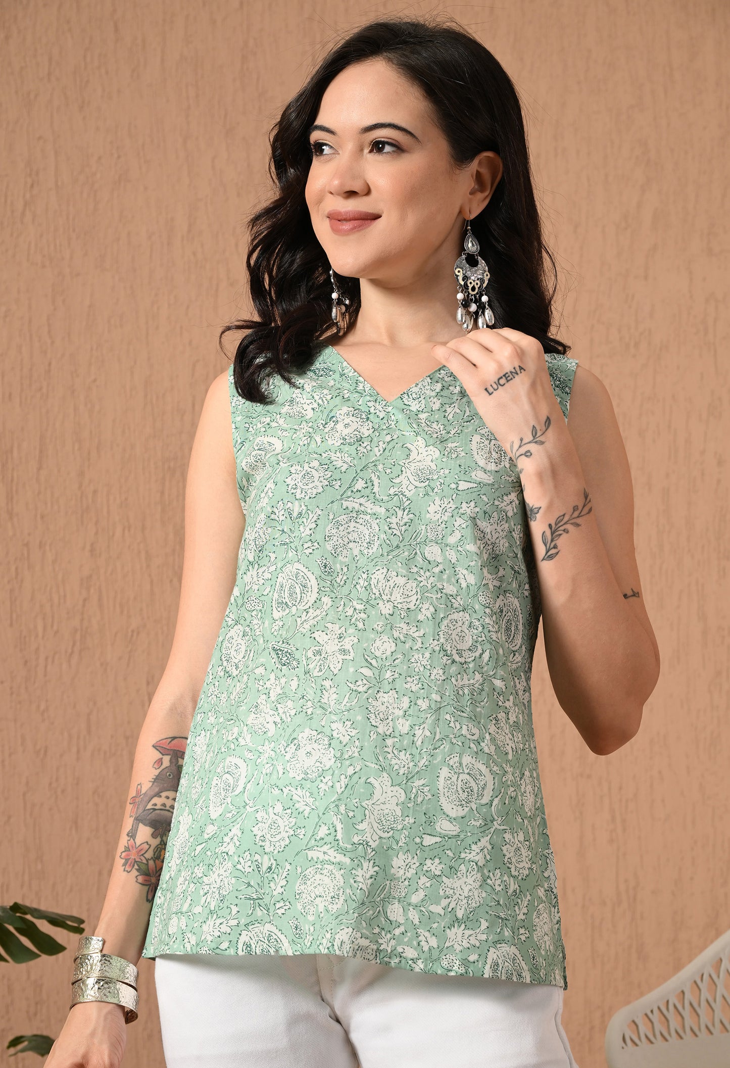 Floral Printed V-Neck Pure Cotton Short Kurti