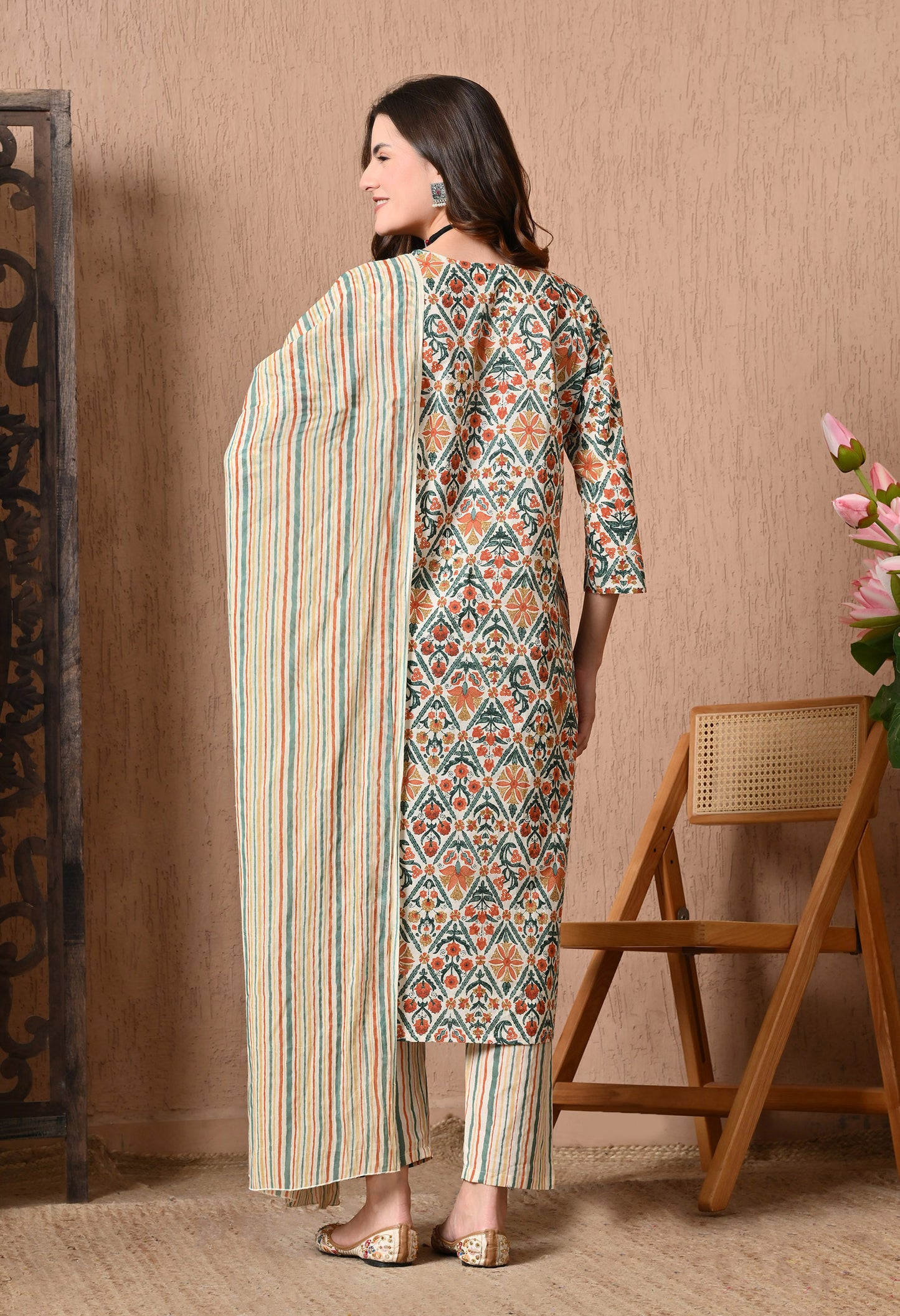Floral Printed Pure Cotton Straight Kurta Set With Dupatta