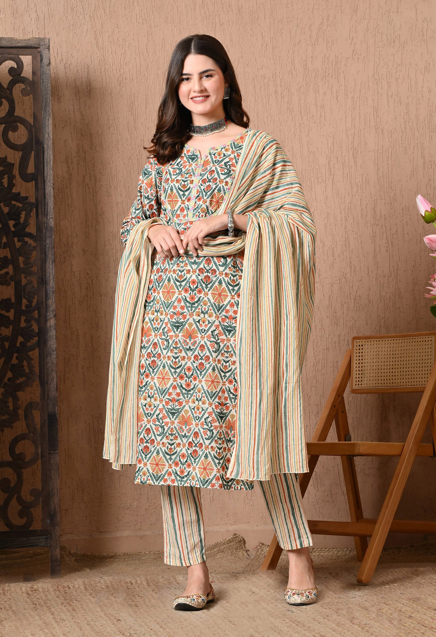 Floral Printed Pure Cotton Straight Kurta Set With Dupatta