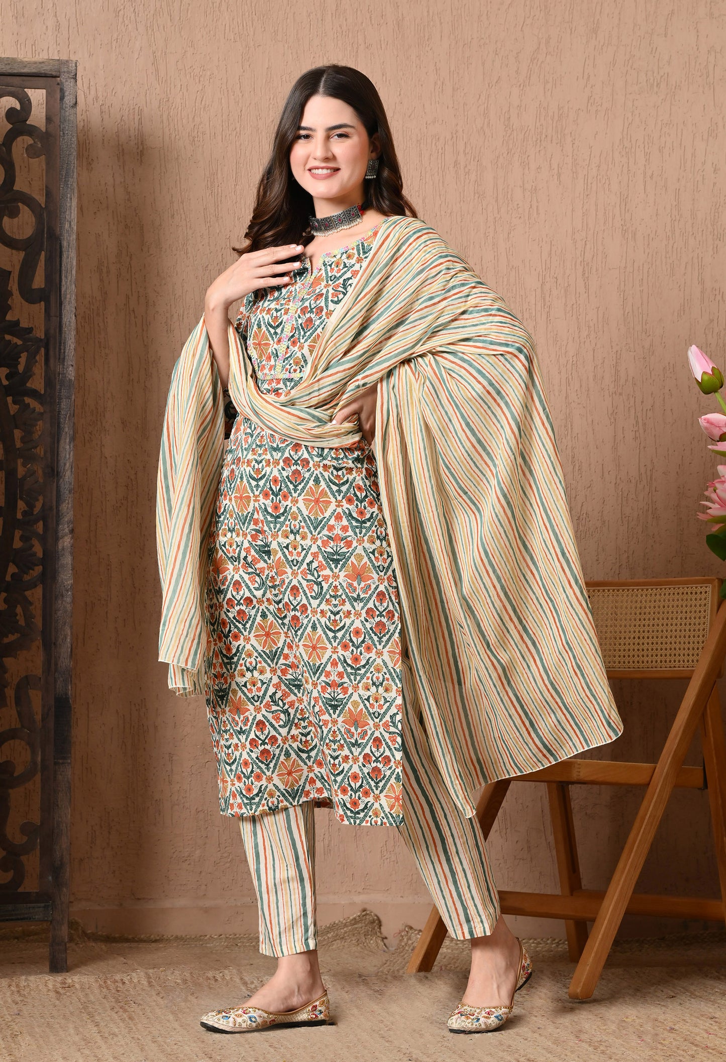 Floral Printed Pure Cotton Straight Kurta Set With Dupatta