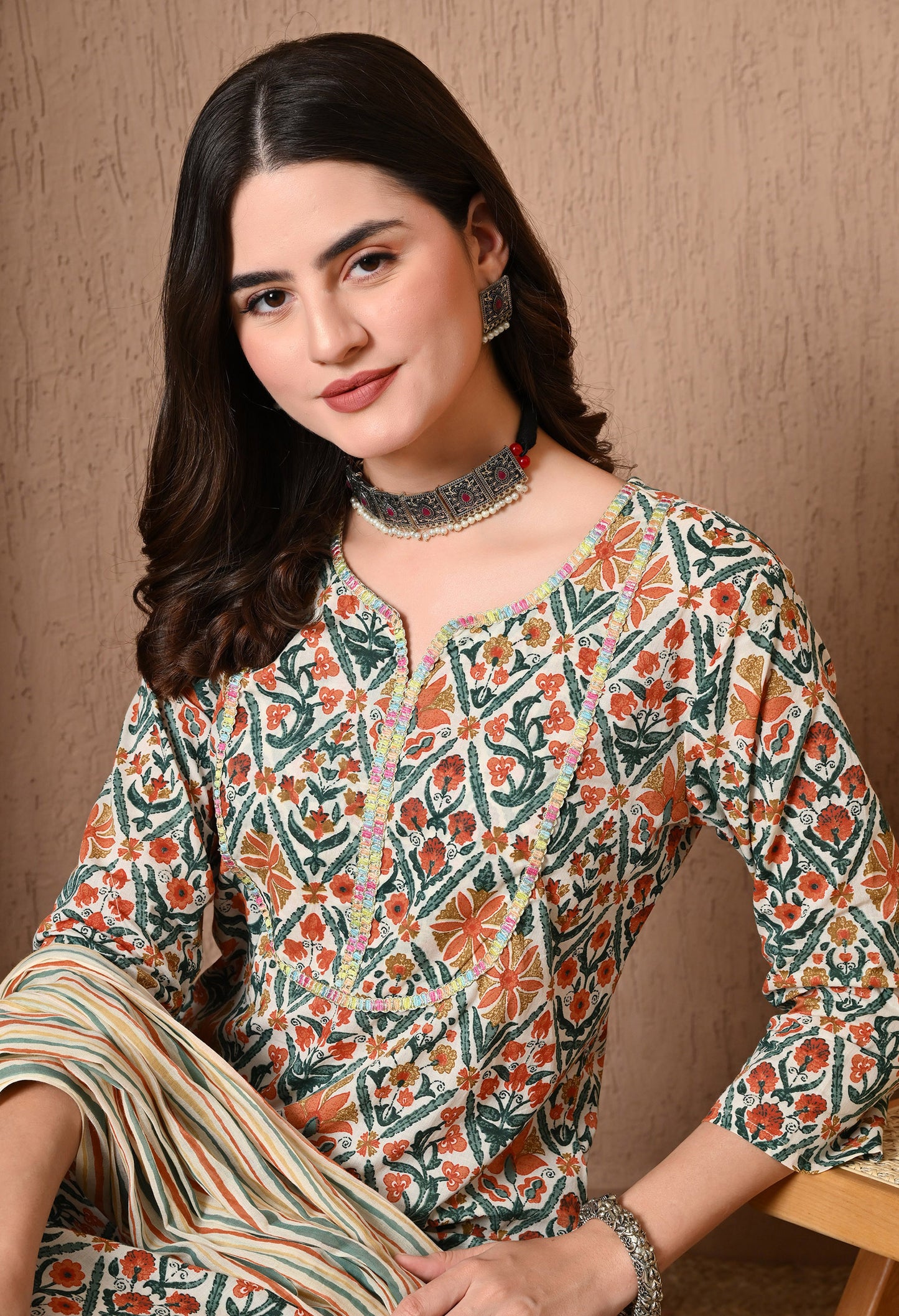 Floral Printed Pure Cotton Straight Kurta Set With Dupatta