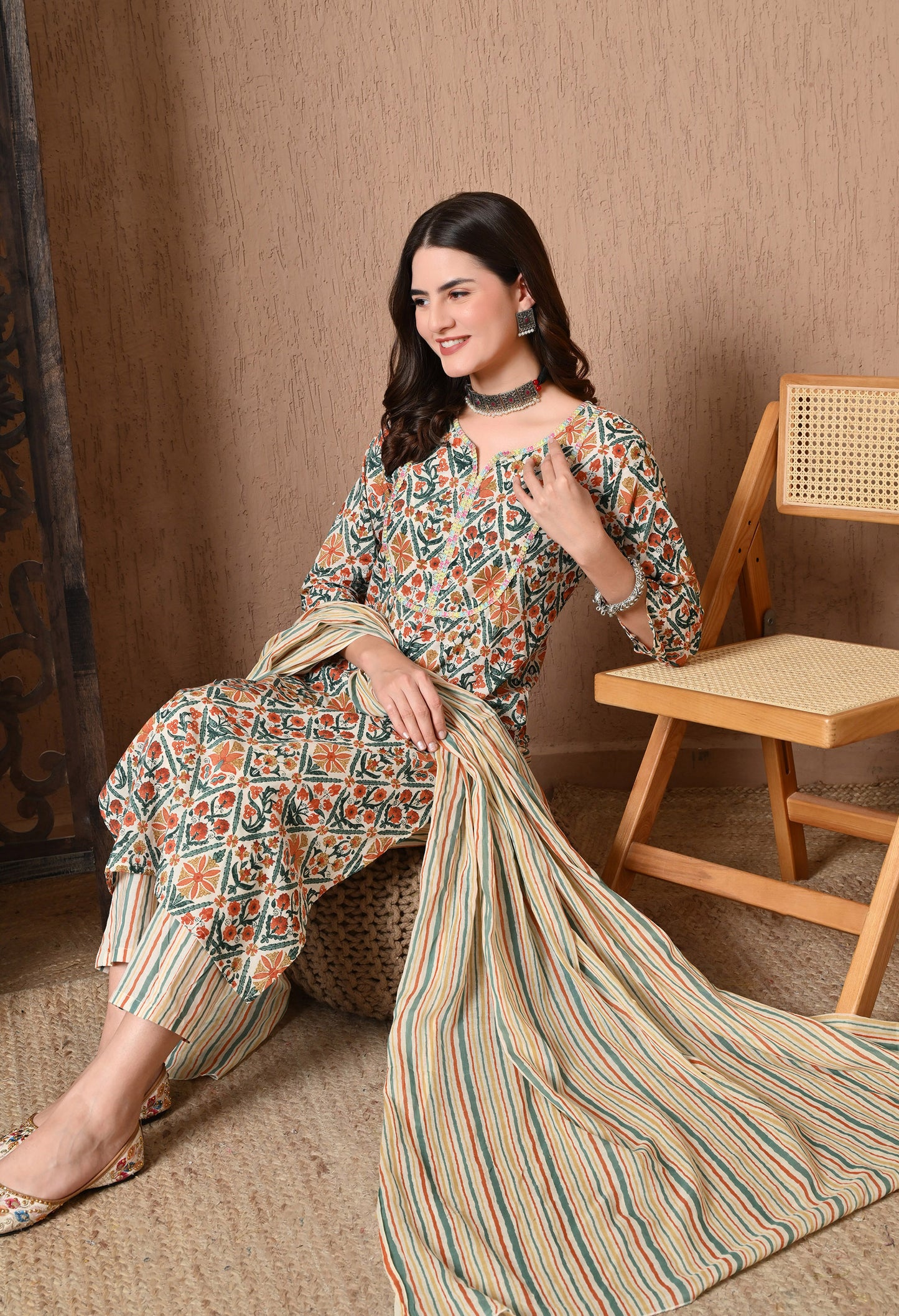 Floral Printed Pure Cotton Straight Kurta Set With Dupatta